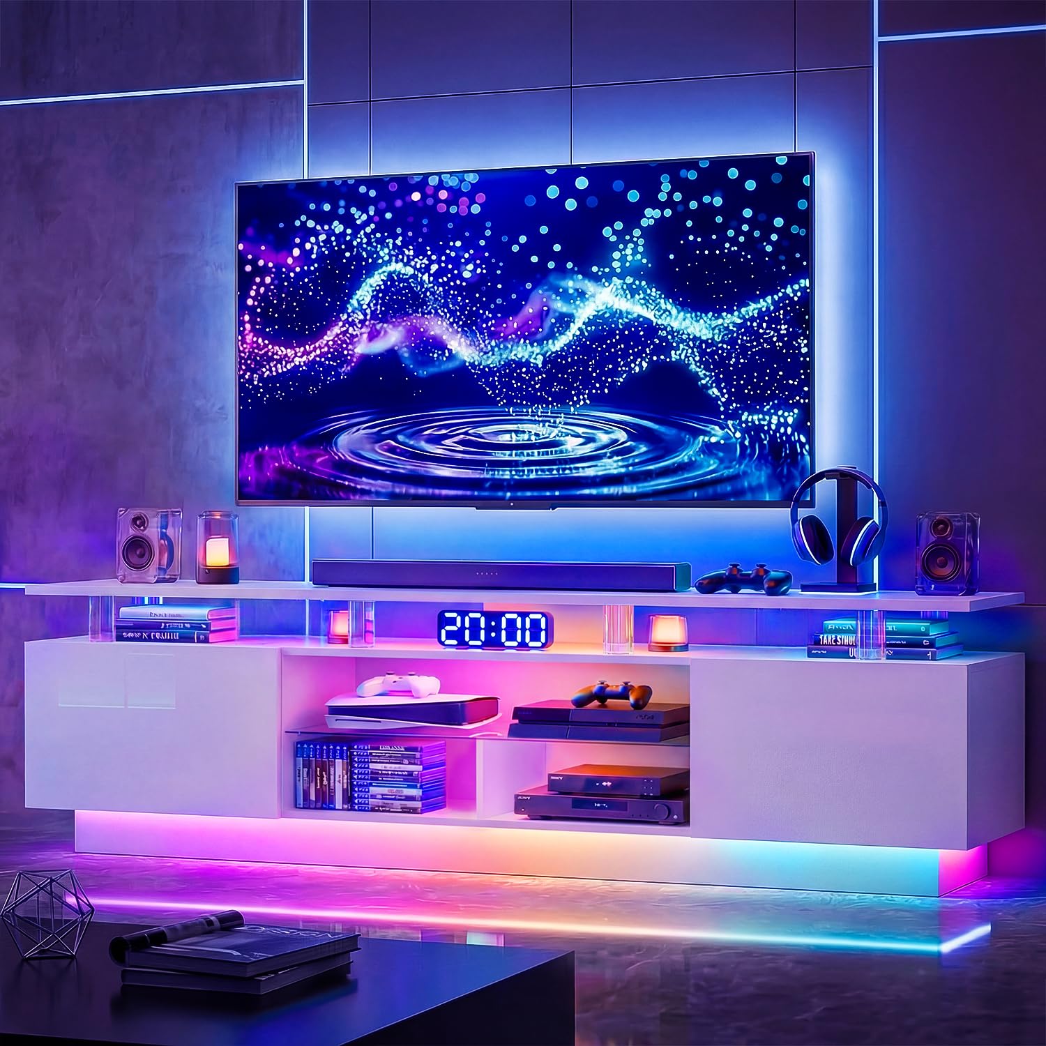 Nordivale 80โ High-Glossy TV Stand with 2 Side Cabinets, Storage Entertainment Center, Modern Stylish TV Console with 3 Layer LED Lights&Power Outlets,Remote&APP Control for Living Room Use White