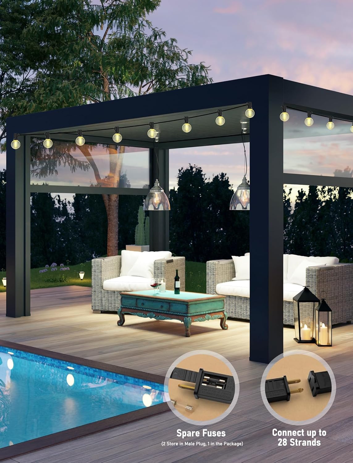 Abeja 50FT Globe Led Outdoor String Lights, Shatterproof Outdoor Patio String Lights with with 25 +2 LED Plastic Clear Bulbs, Hanging Bistro Light Waterproof for Café Bistro Pergola Tents-Black Wire