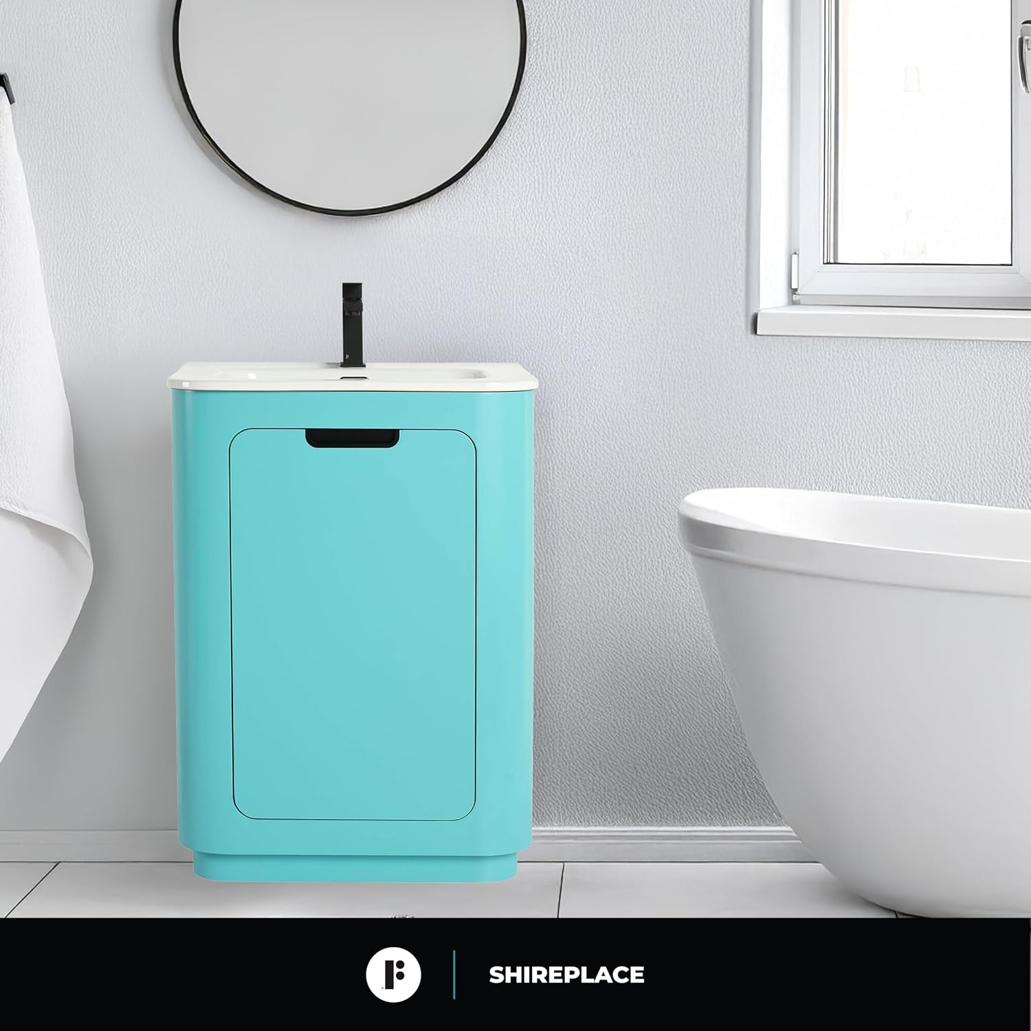 Fine Fixtures Shireplace Collection, 24 Inch Bathroom Vanity with Sink, Bathroom Cabinet Storage, Freestanding Vanity, Tiffany Blue – Elegant Modern Design, Soft-Close Doors, Recessed Handle
