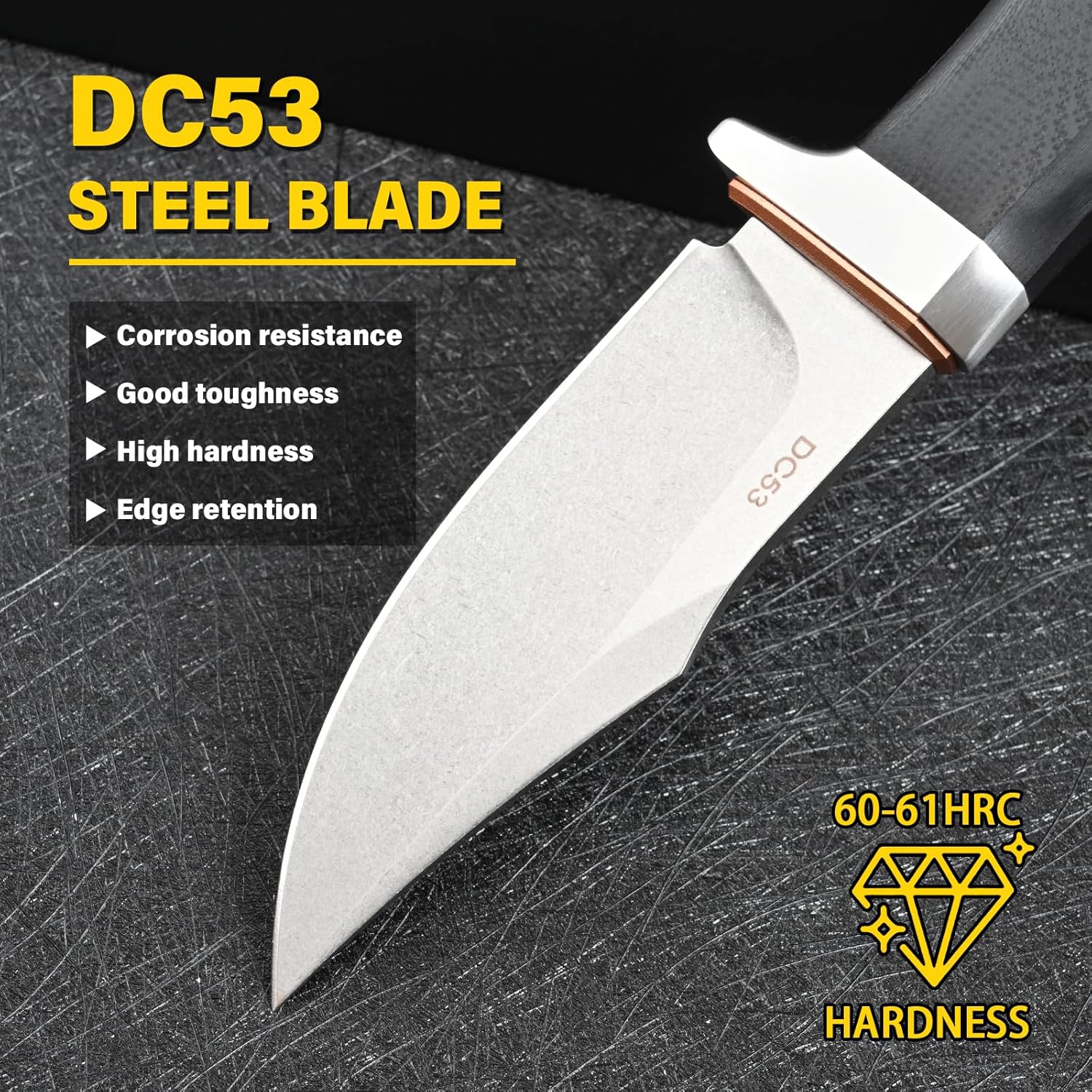 Knives DC53 Steel Fixed Blade Hunting Knife with Sheath Tactical EDC Knife for Men Outdoor Survival Camping Hiking Fishing (White Stone Wash)