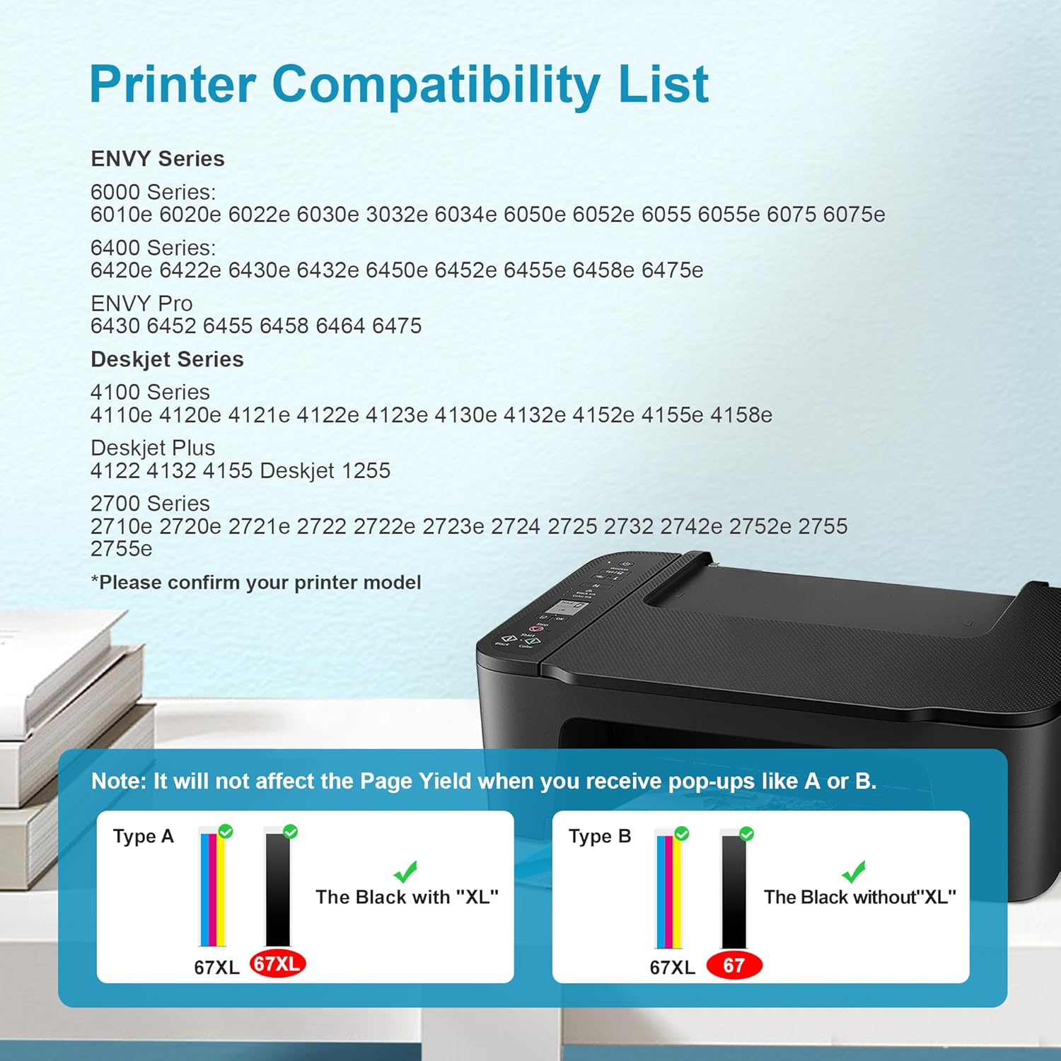 67XL Ink Cartridges Black Color Combo Pack Replacement for HP Ink 67 67XL Printer Ink Works for HP DeskJet 2827e 2755e 2700 2855e 2800 4155e 2755 2852e Envy 6055e 6000 6455e (2 Pack)