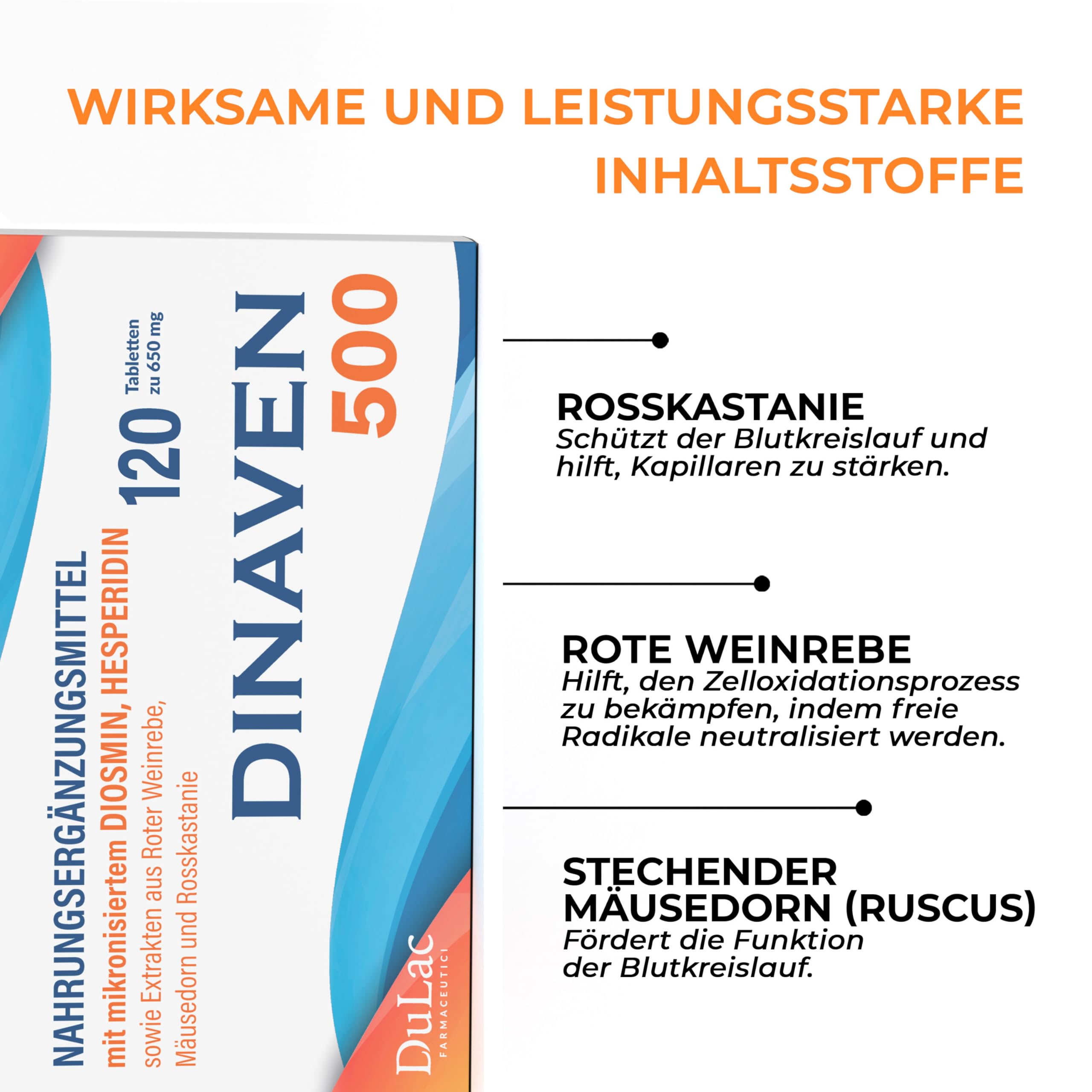 Dulac – Dinaven 500, Nahrungsergänzung für Schwere und Geschwollene Beine, 120 Tabletten, für Venen und Lymphdrainage Beine, Ideal bei Krampfadern, mit Diosmin und Hesperidin, Made in Italy