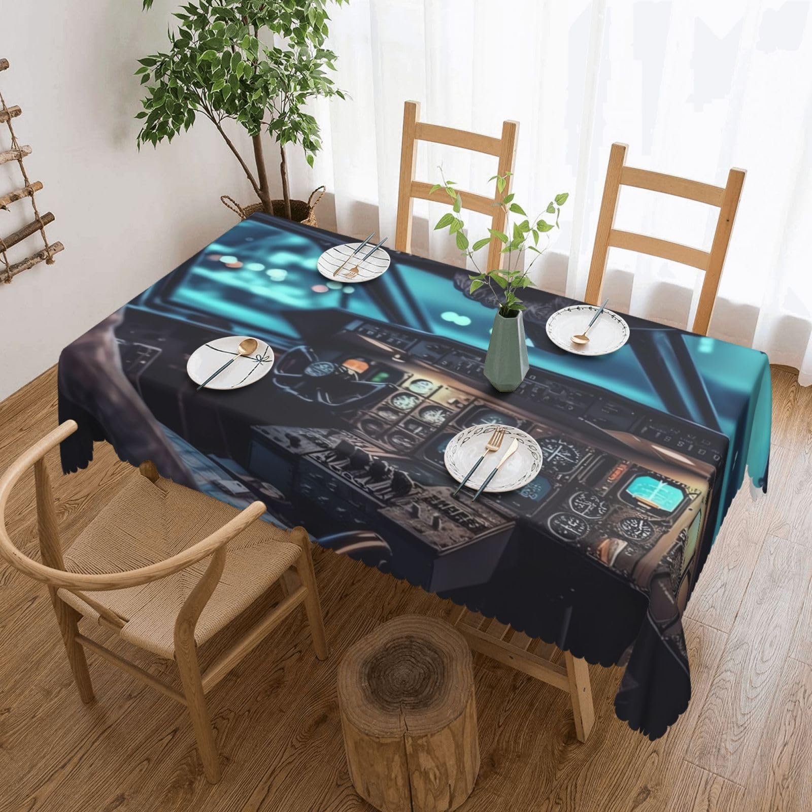 Fodpand Black Airplane Cockpit Tablecloths For Rectangle Tables 72 X 54 Inches - Reusable And Washable Table Clothes Decorative Table Cover For Dining Tables, Buffet Parties, Wrinkle Resistant