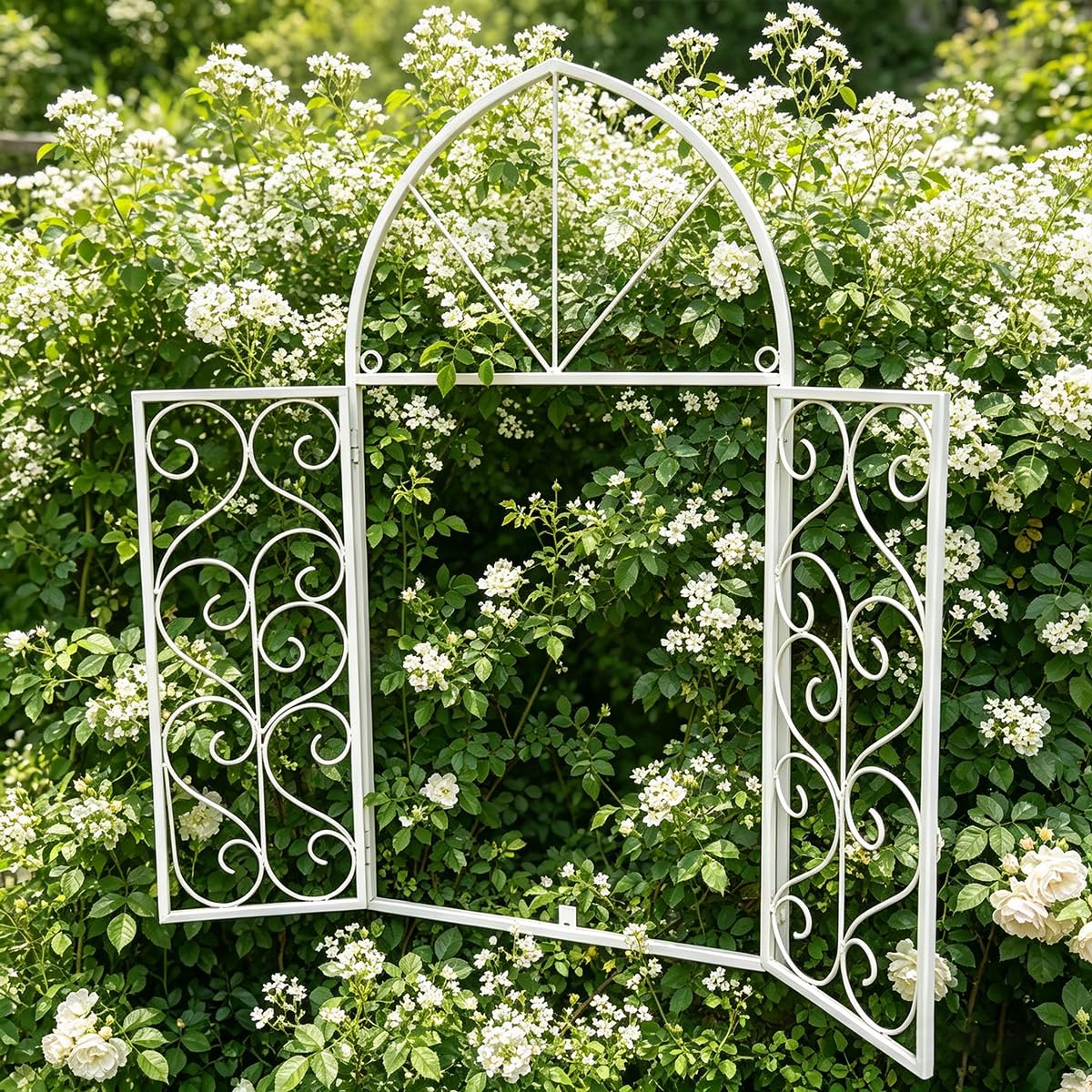 Rustikal Deko-Fenster zum Öffnen Stallfenster Gartenfenster mit Rundbogen Doppelflügel Scheunenfenster Landhaus Fensterrahmen Garagenfenster Eisenfenster Gartenmauer Stallgebäude Weiß, M