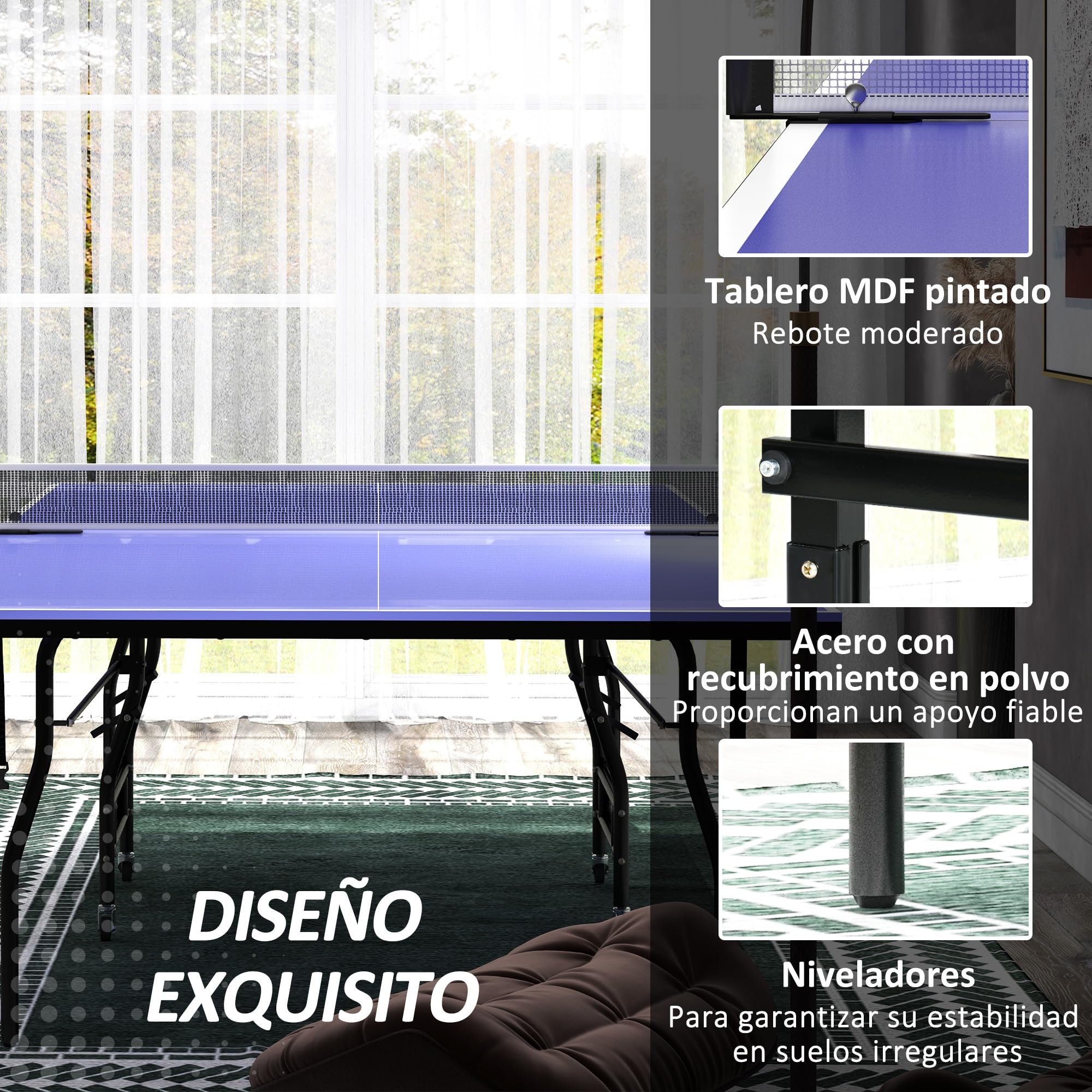 SPORTNOW Mesa de Ping-Pong Plegable Tamaño Estándar con 4 Ruedas, Red, 2 Paletas y 3 Pelotas 274x152,5x76 cm Azul
