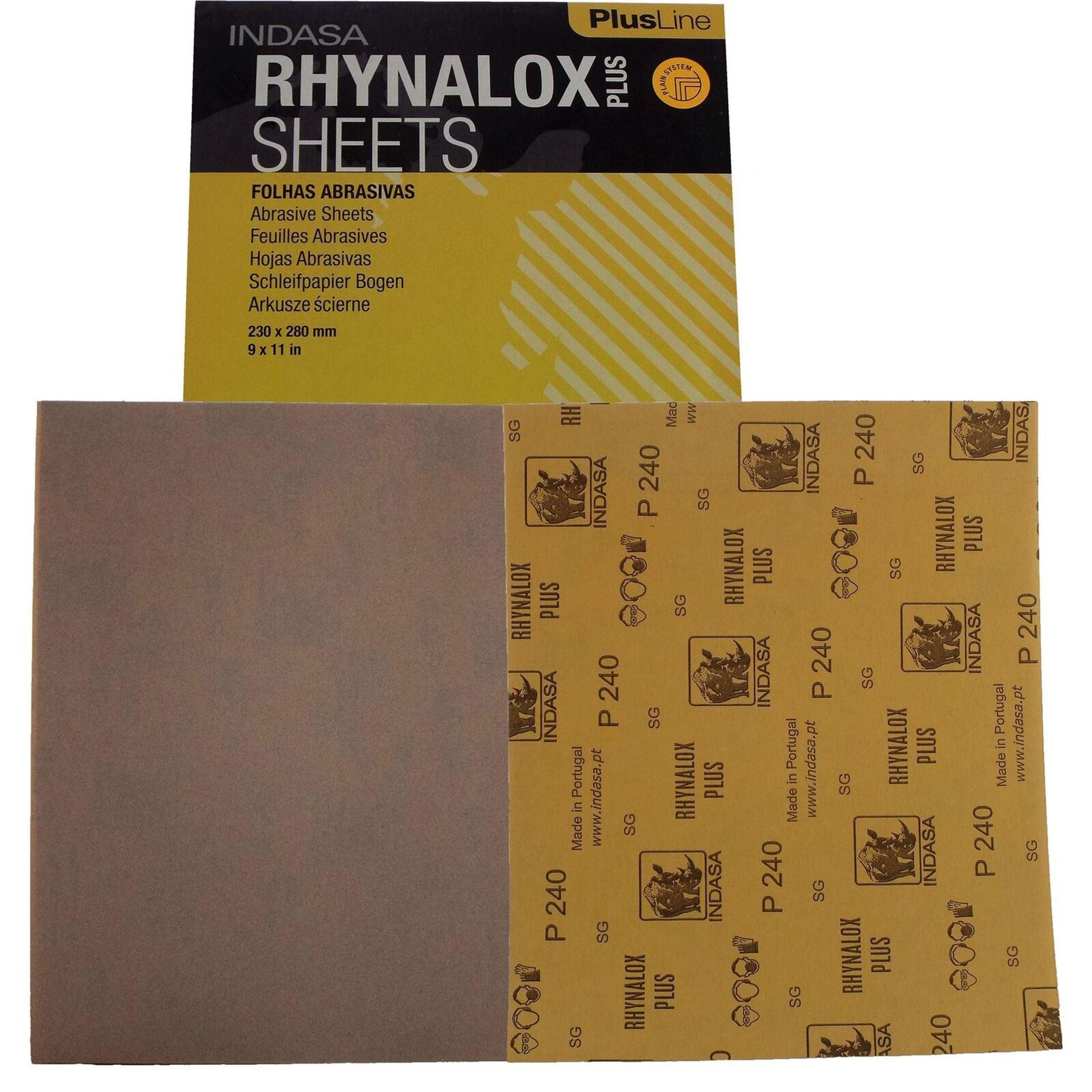 Indasa Rhynalox Plusline Sheets 230 x 280mm Grit:P240 Quantity: 50 Sheets Dry Application Only Premium Aluminum Oxide Suitable for Metal Work and Woodworking Applications
