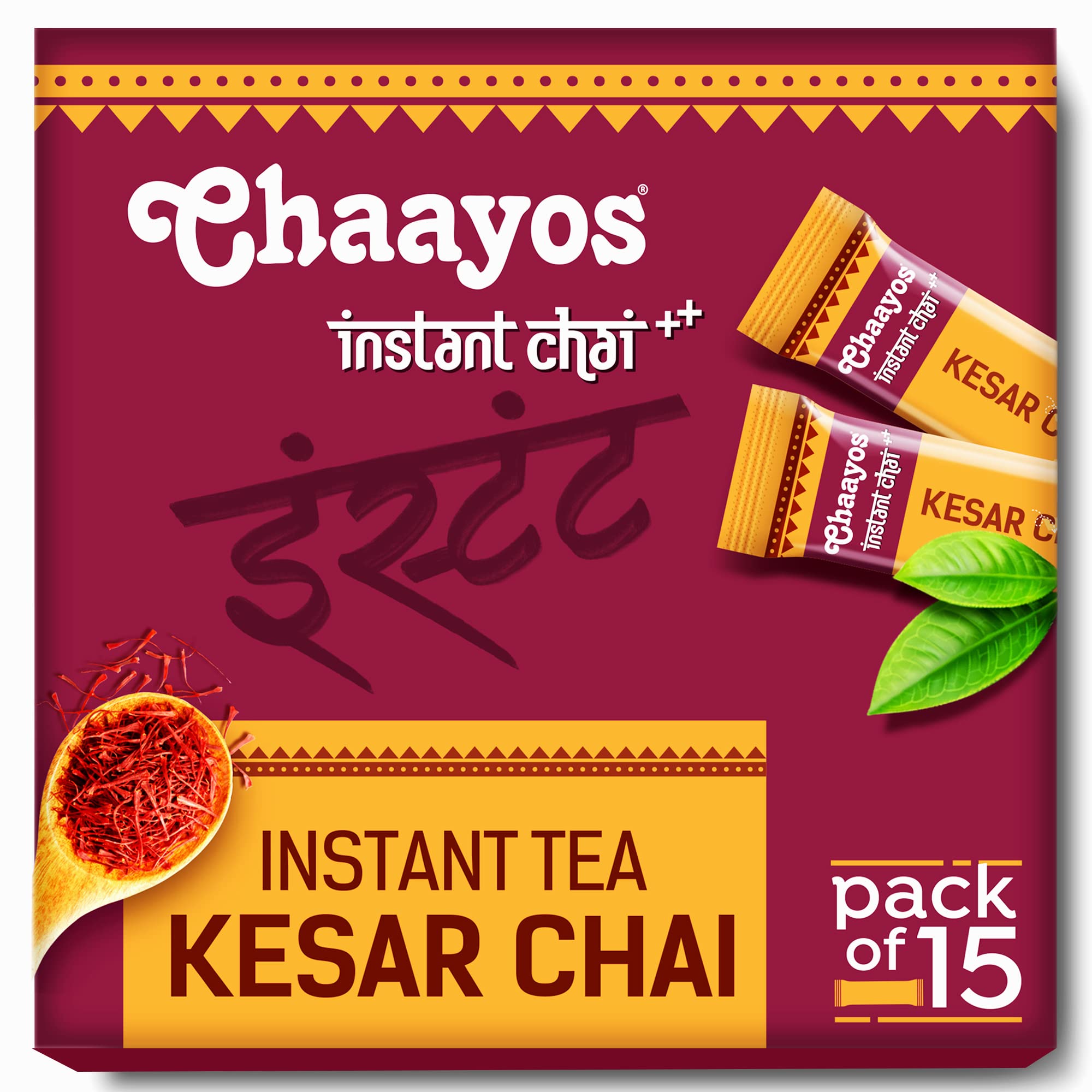 Instant Saffron Tea Premix - Kesar Chai Tea Latte Mix | 100% Natural Saffron | Saffron Chai Tea | Instant Powdered Mix | Chai Tea Powder | Instant Tea Premix | Masala Saffron Chai Tea | Contains Regular Sugar - 15 Sachets