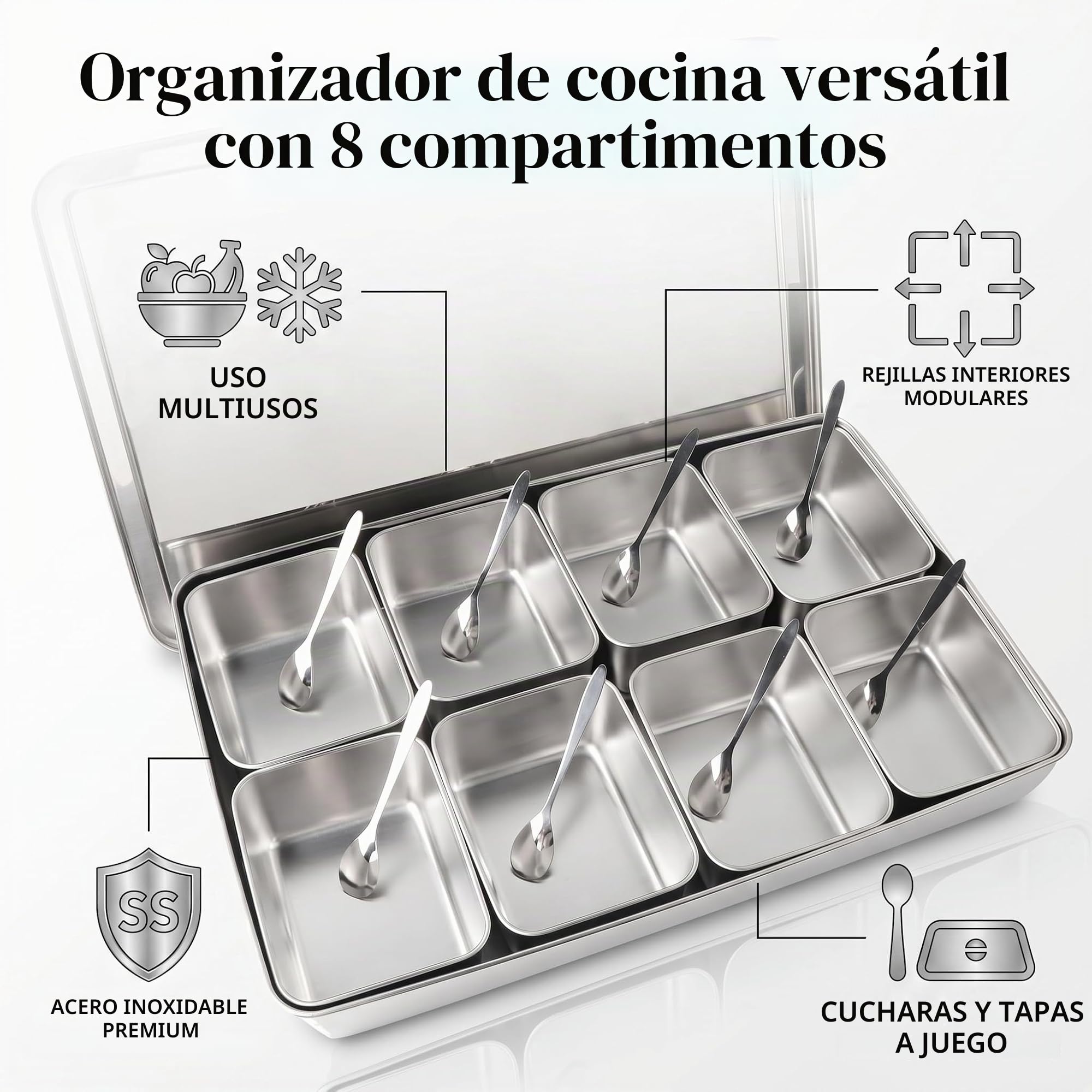 Caja De Condimentos Acero Inoxidable, Contenedor 8 Compartimentos Con Diseño Interno Separable Para Condimentos Y Alimentos Secos Con Material Resistente Ácidos Y Alcalis Para Uso