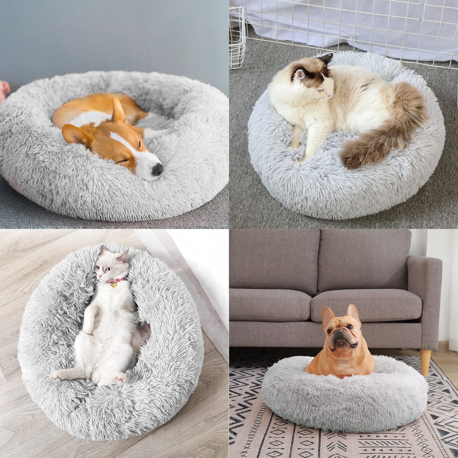 90cm Rund Hundebett Katzenbett, Plüsch Flauschig Hundekorb Katzenkissen Kuscheliges Donut, Waschbar Warm Hundekissen für Mittelgroße und Große Hunde, Katzen und Andere Haustiere (Hellgrau)