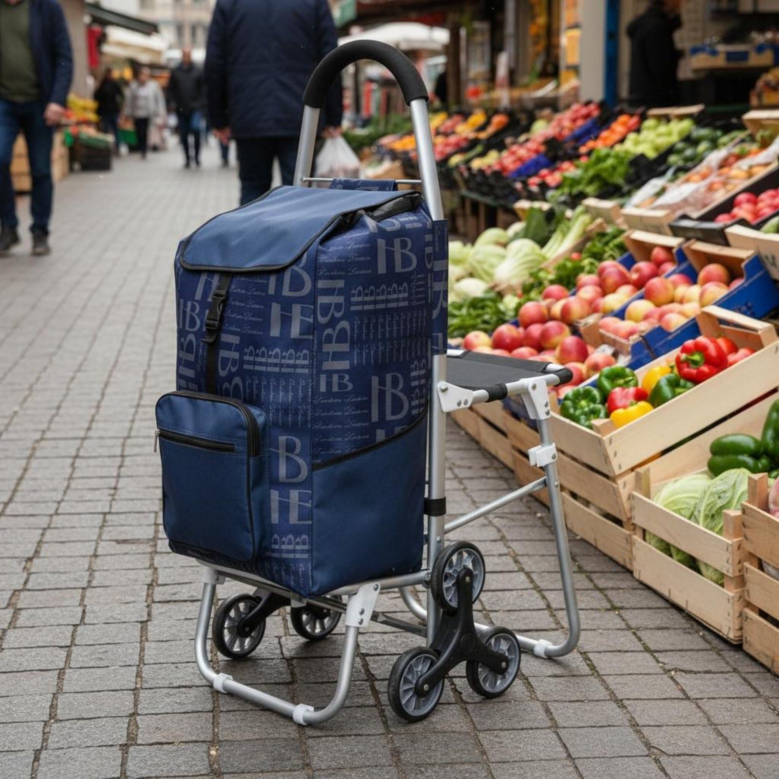 kowaku Carrello Pieghevole con Sedile Trolley per Sedia Pieghevole con Struttura Robusta in Alluminio Tessuto Oxford Resistente Funzione di Supporto Durante, Blue, Flat Ground