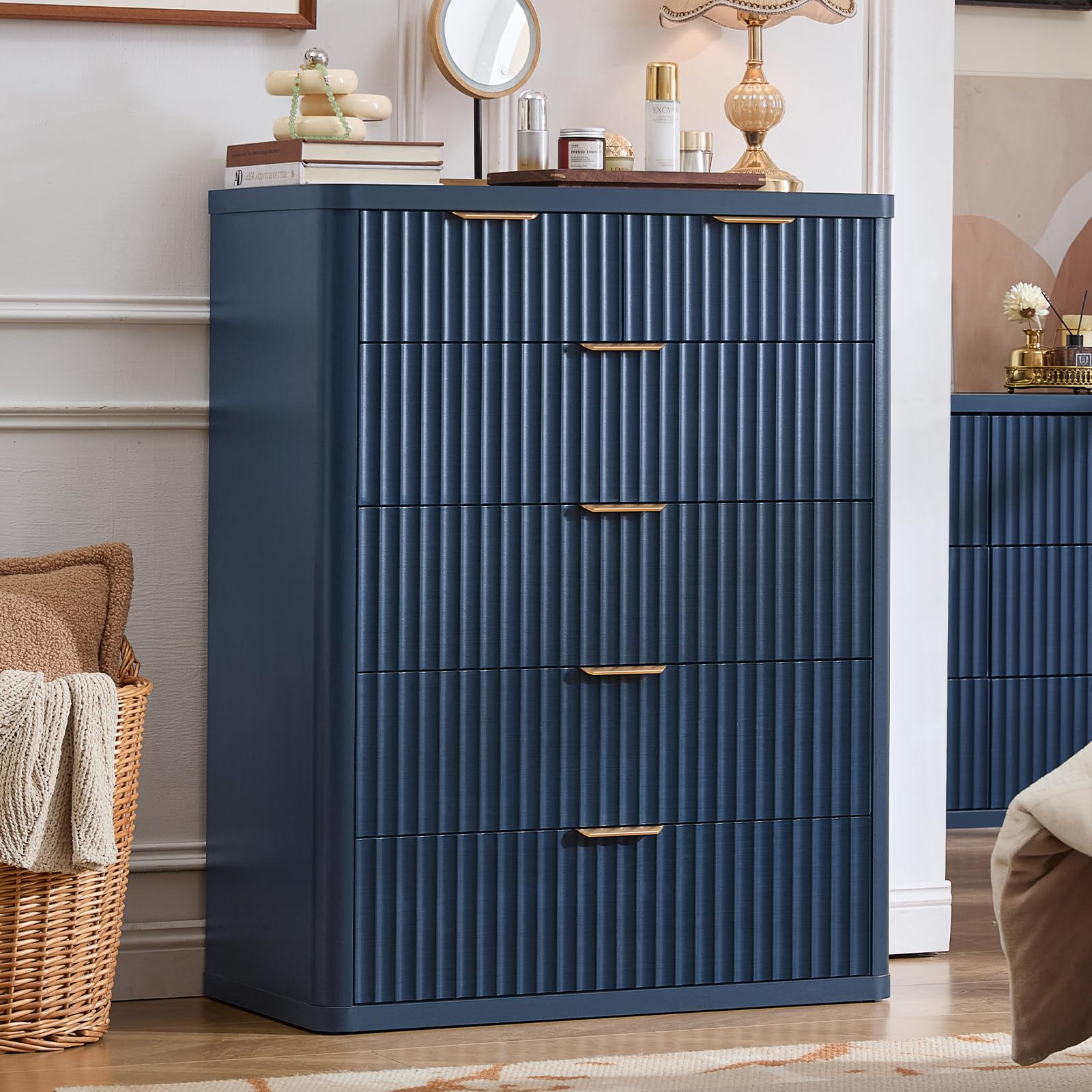 LEYAOYAO Fluted 6 Drawers Dresser for Bedroom, 42" Tall Modern Chest of Drawers with Metal Handle,Curved Profile Design,Navy Blue Wood Drawer Organizer for Bedroom, Living Room, Hallway, Entryway