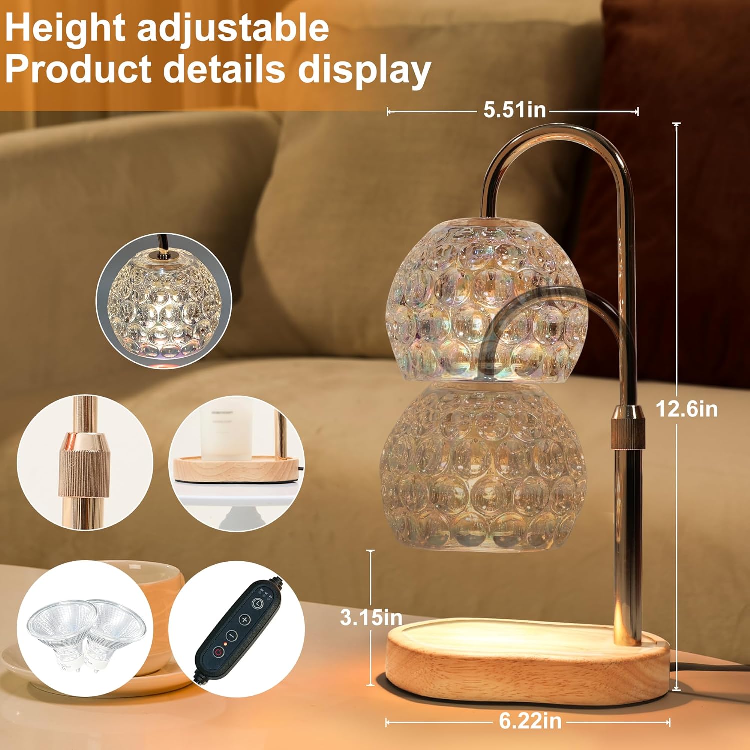 Candle Warmer Lamp with Timer Dimmable, Round Transparent Glass Wax Warmer Lamp with Iridescent Color Finish, Adjustable Height for Jar Candles, Birthday & House Warming Gift for Women