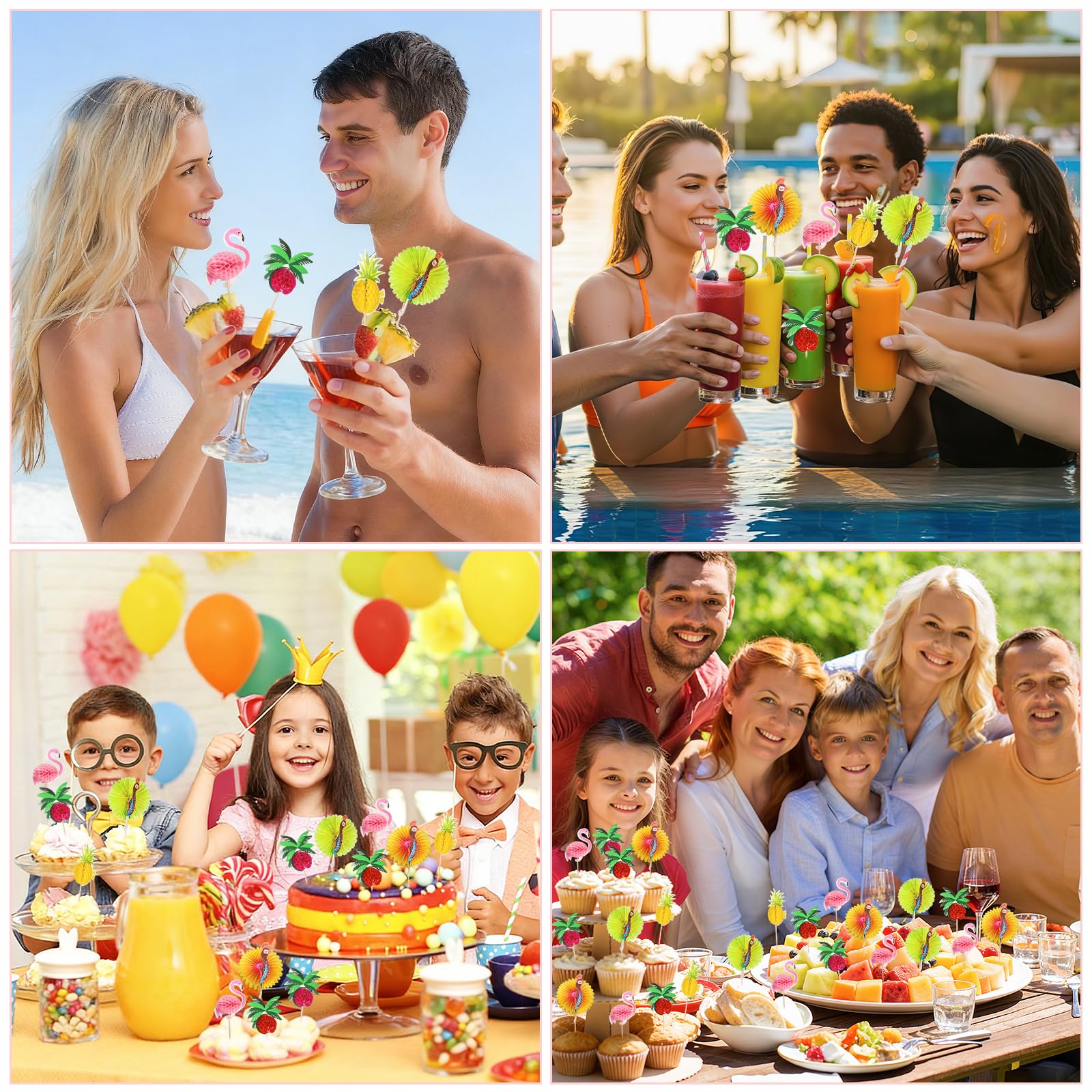 Decorazioni per Cocktail, 100 Pezzi Stuzzicadenti Decorativi, Stuzzicadenti Decorativi per Cocktail, Decorazione Torta Hawaiana, Cake Topper Tropicali, per Festa Spiaggia Hawaii
