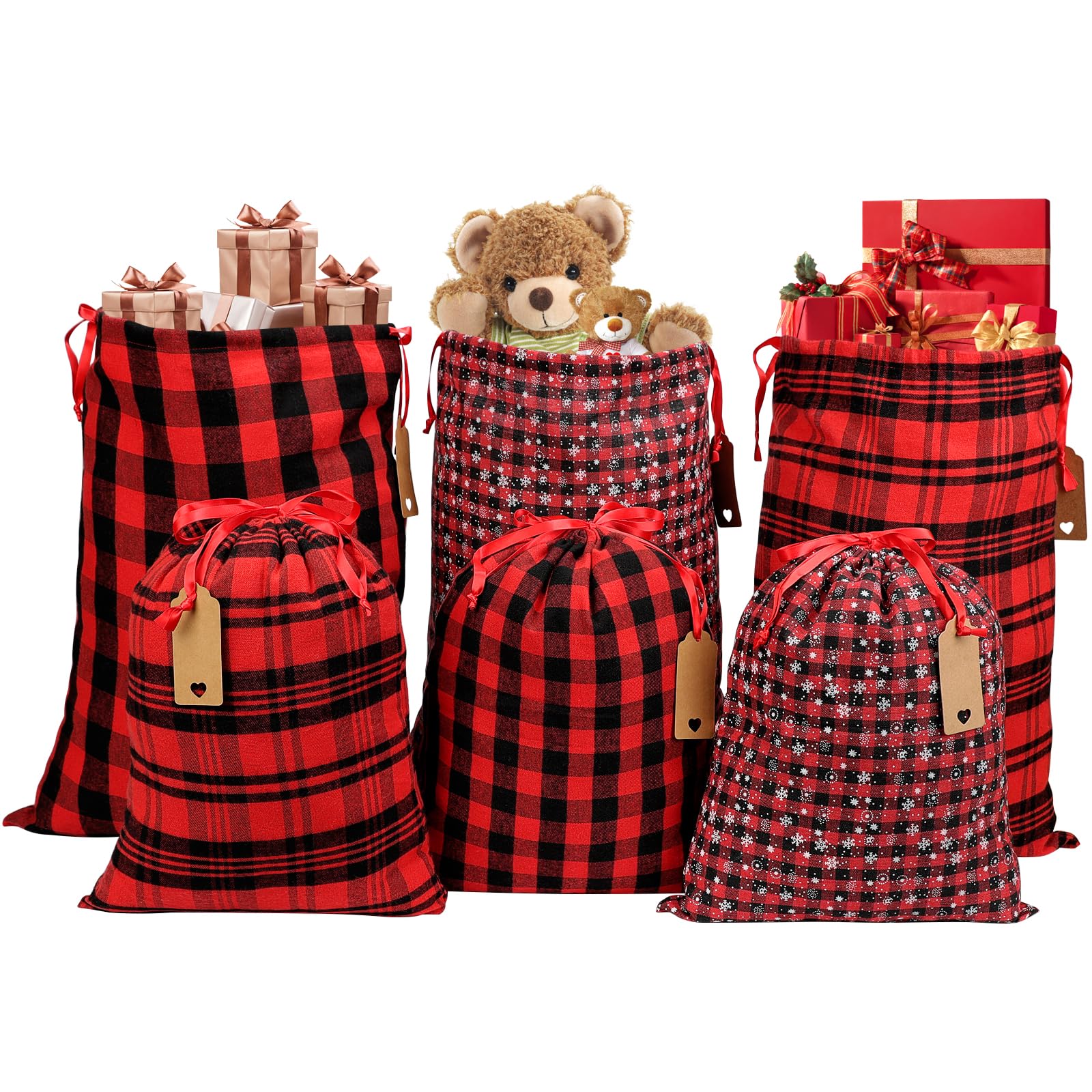 JOINDO 6 pcs Cloth Christmas Gift Bags, Buffalo Plaid Pattern, 2 Medium Size (16 x 20 & 12 x 16), Drawstring Design, 100% Cotton