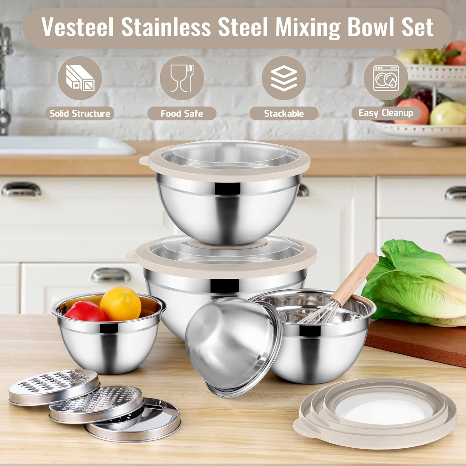 Vesteel Mixing Bowls with Lids Set of 5, Stainless Steel Prep Bowls with Upgraded Airtight Visible Lid, Metal Nesting Bowl Attach with 3 Graters for Kitchen Grating/Shredding/Mixing - Khaki