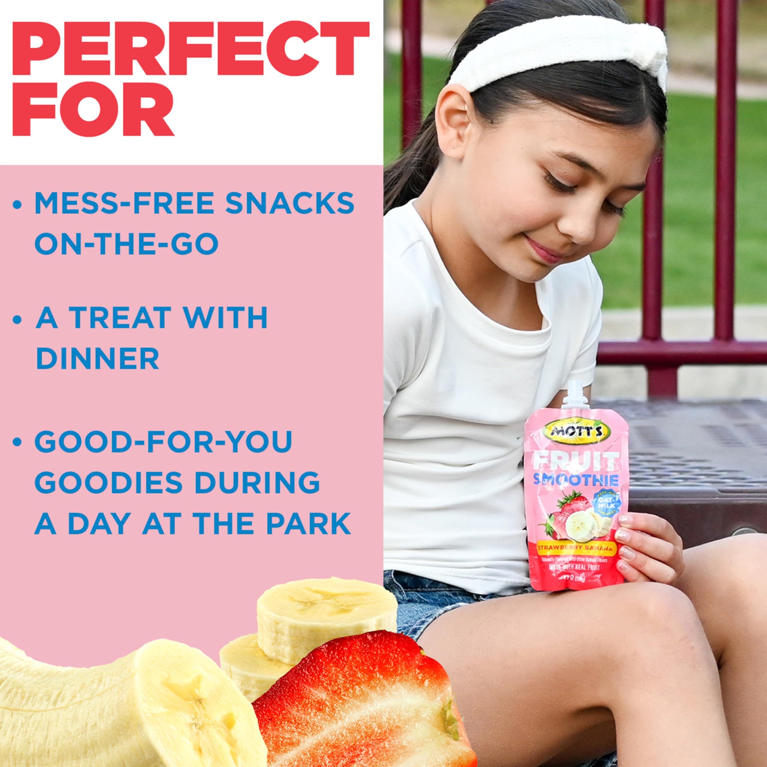 Mott’s Fruit Smoothies Strawberry Banana, 4.2 oz clear pouches, 8 Pack, Non-dairy, Made With Oatmilk, Made With Real Fruit, Good Source of Calcium, On-the-Go
