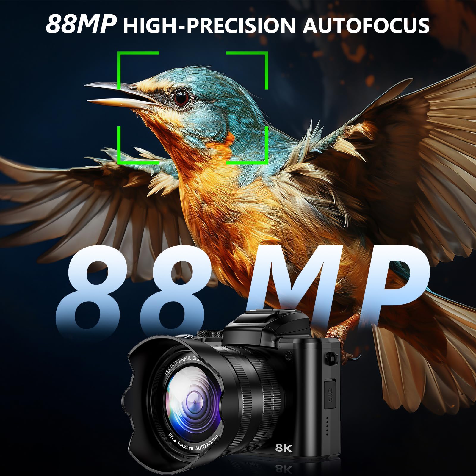 Aboobu 8K Digital Camera, 88MP WiFi Cameras for Photography with 3.2" Touchscreen, 16X Zoom Autofocus Professional Dual Camera, Anti-Shake, 2 Batteries & Charging Stand, 64GB Card, Flash, Lens Hood in use