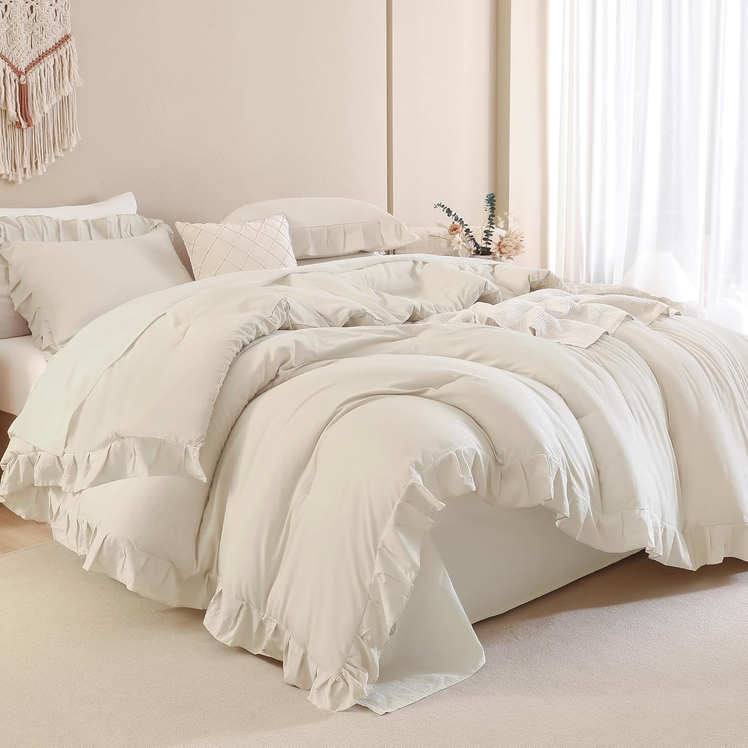 Andency Beige Comforter Set Queen Size, 3 Pieces Shabby Chic Ruffle Bedding Comforter Sets for Queen Bed, Lightweight Fluffy Soft Microfiber Farmhouse Comforter Set Beige Queen