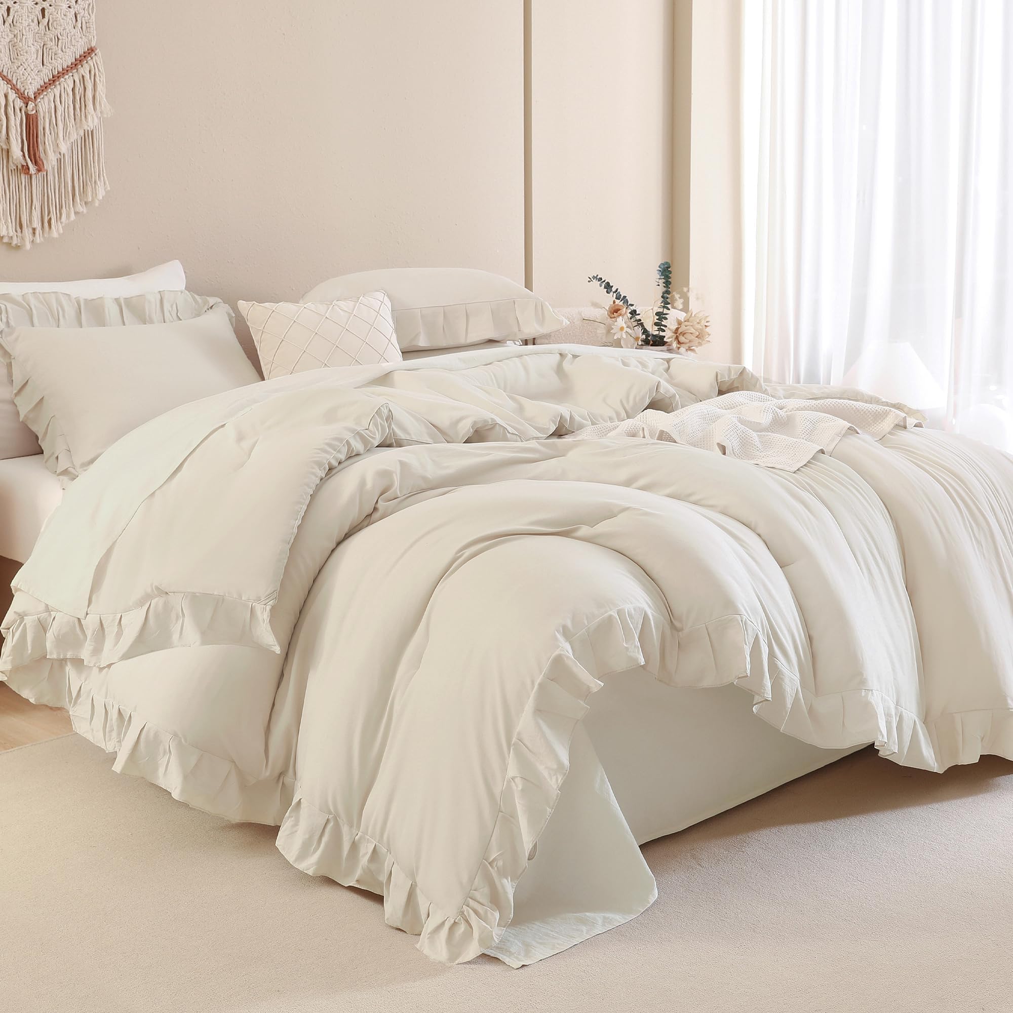 Andency Beige Cream California King Size Comforter Set, 3 Pieces Shabby Chic Ruffle Bedding Comforter Sets for Men Women, Soft Cozy Lightweight Fluffy Down Alternative Decorative Bed SetOEKO-TEX STANDARD 100