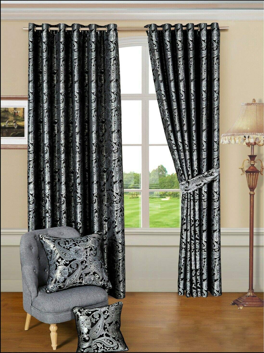 Heavy Jacquard Ring Top Fully Lined Pair Curtains Black 46 x 72 — image 1