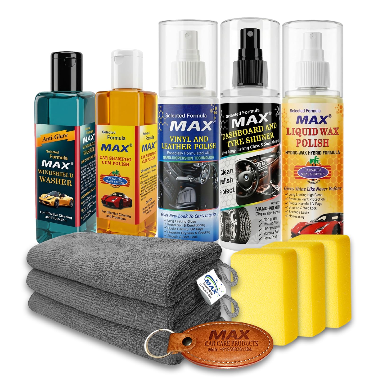 MAX Complete Car Care Kit - ADVANCED (Pack of 5 Items of 200 ML, 3 Pcs Microfiber Cloth 350 GSM, 3 Pcs Foam Applicators and 1 Pc Leather Keychain) for Car Cleaning, Washing, Conditioning and Polishing-image-25
