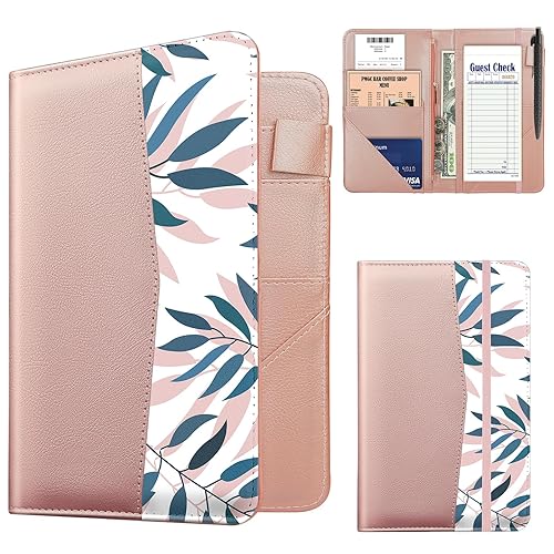 Libreta para camarera, de piel sintética, lindo libro de camarera rosa con 1 bolsillo con cremallera para dinero, libreta de servidores con 9