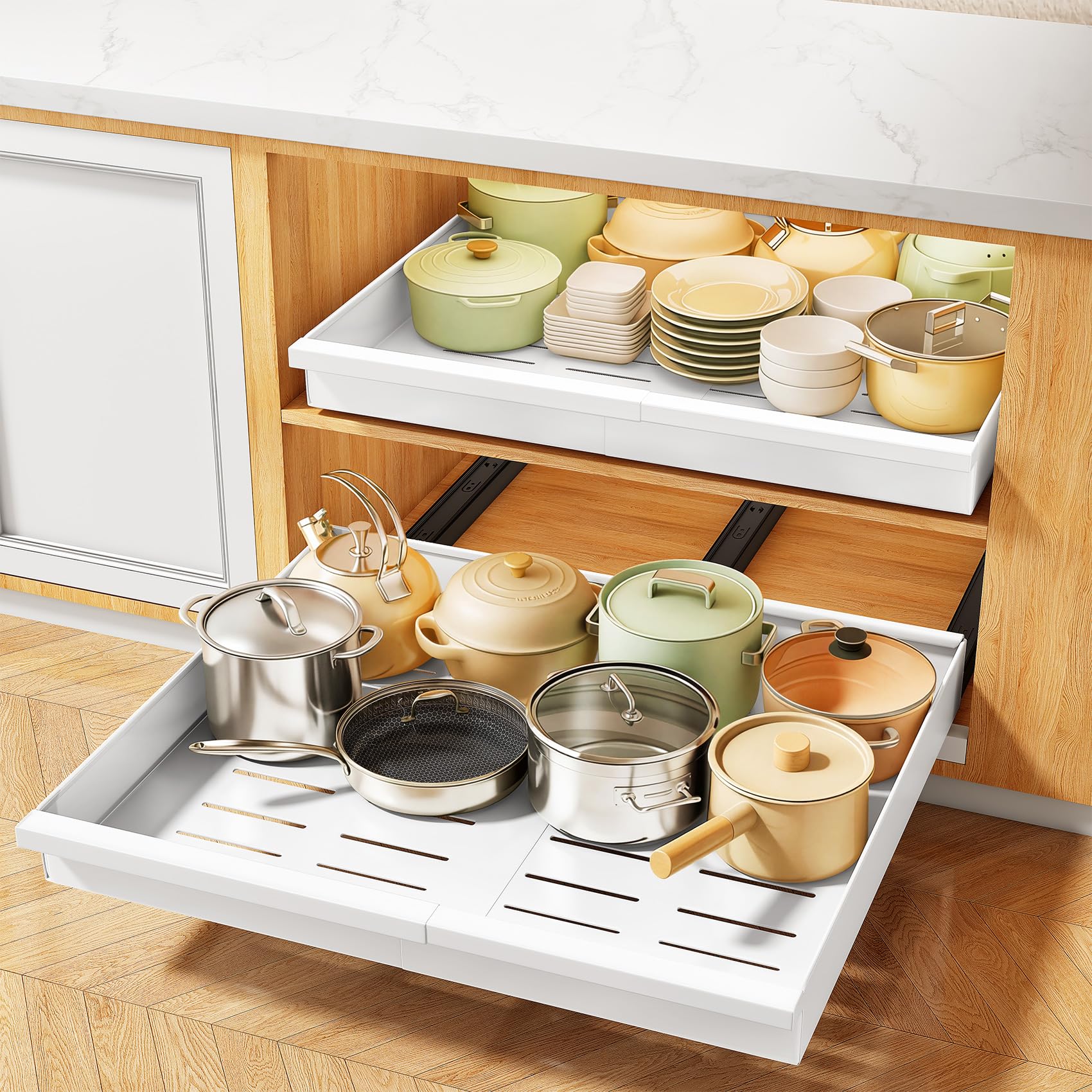 kitchen ergonomics pull-out shelves aging in place improving lower cabinet access and reducing bending