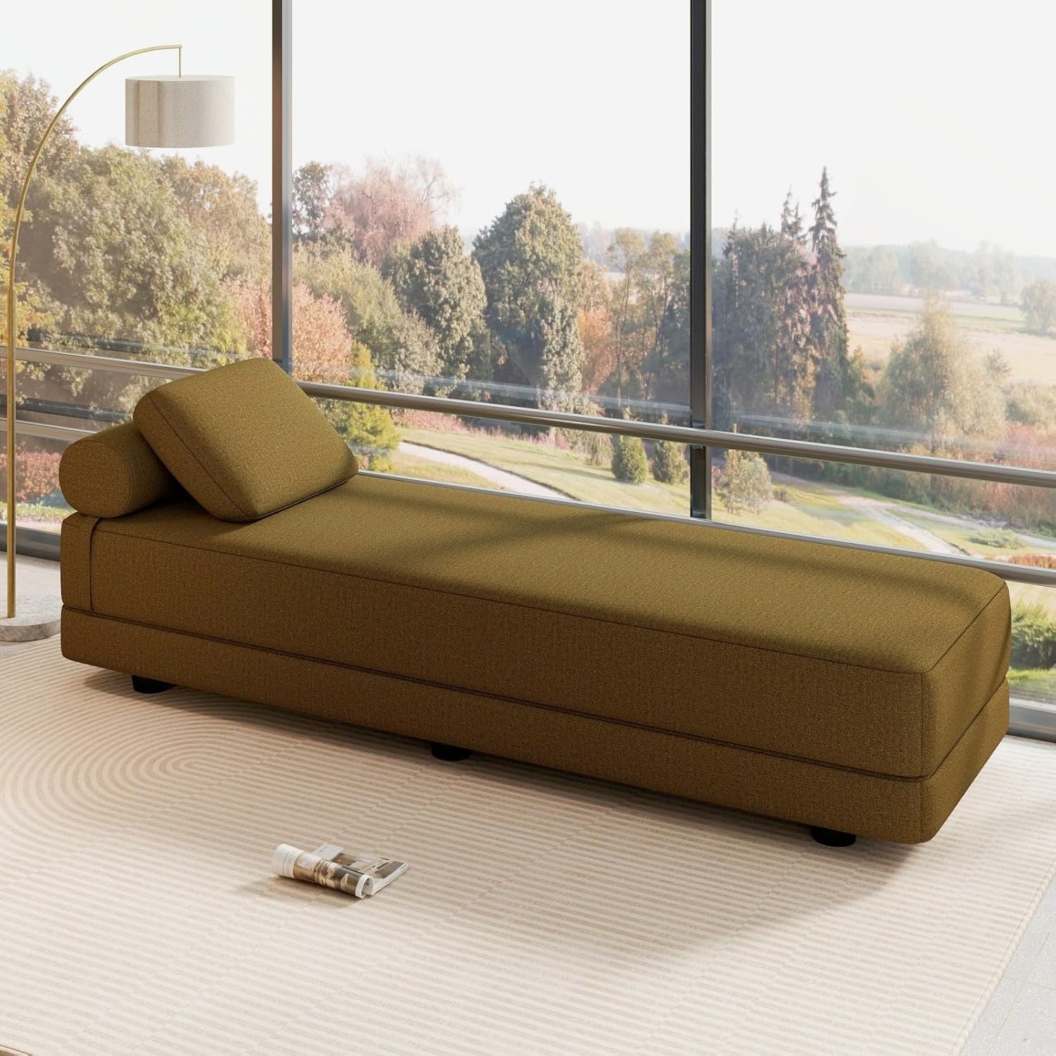 Daybed Queen Size Sofa Bed 60" W 80" L Folding Sofa with Pillow Lounge Chaise Bed with Back Support for Living Room Bedroom (Brown, 1 Piece)