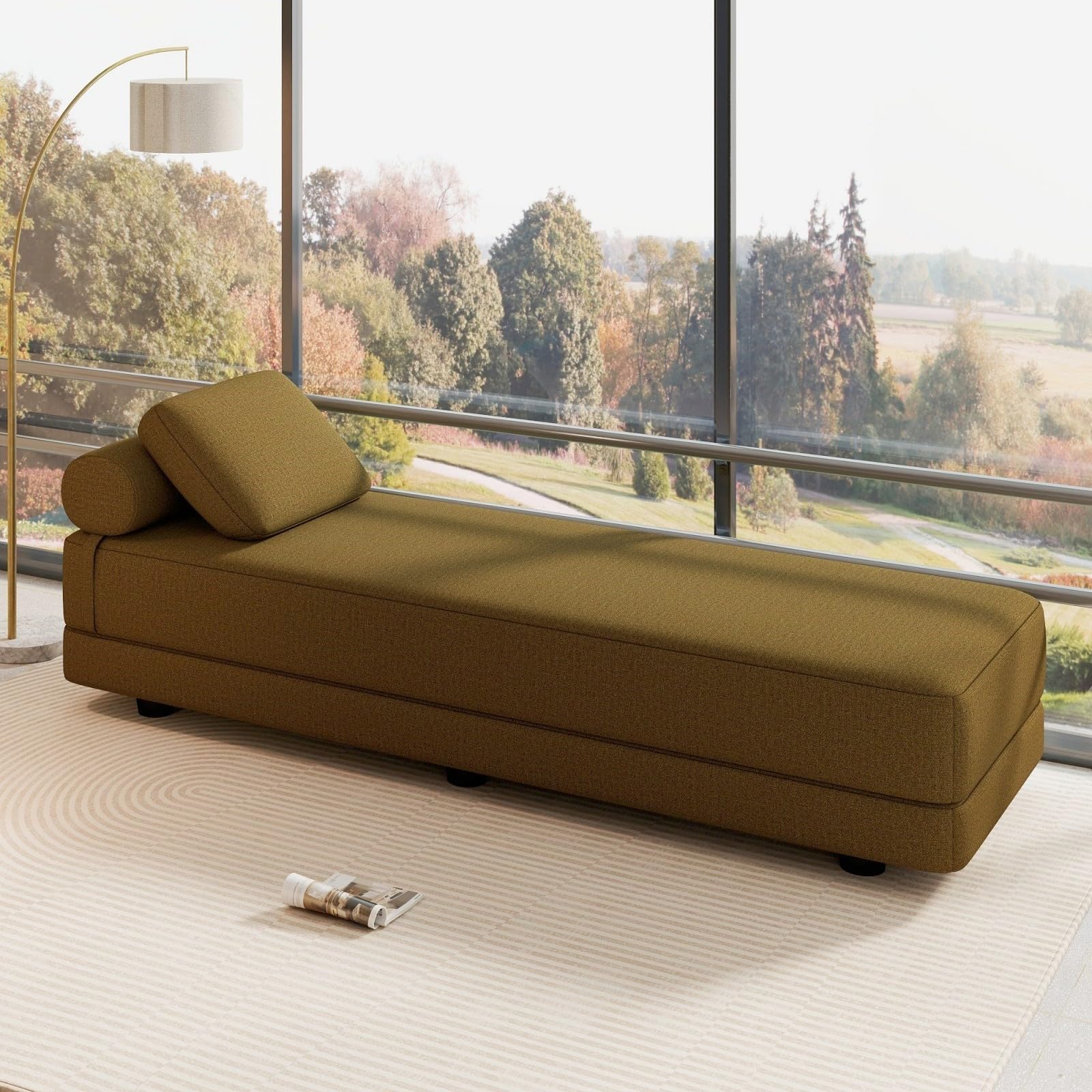 80โ Oversized Chaise Lounge Chair Indoor, Upholstered Daybed with Pillow, Convertible Sofa Bed Twin to Queen for Small Spaces, Comfy Chenille Reading Chair for Living Room, Bedroom, Brown