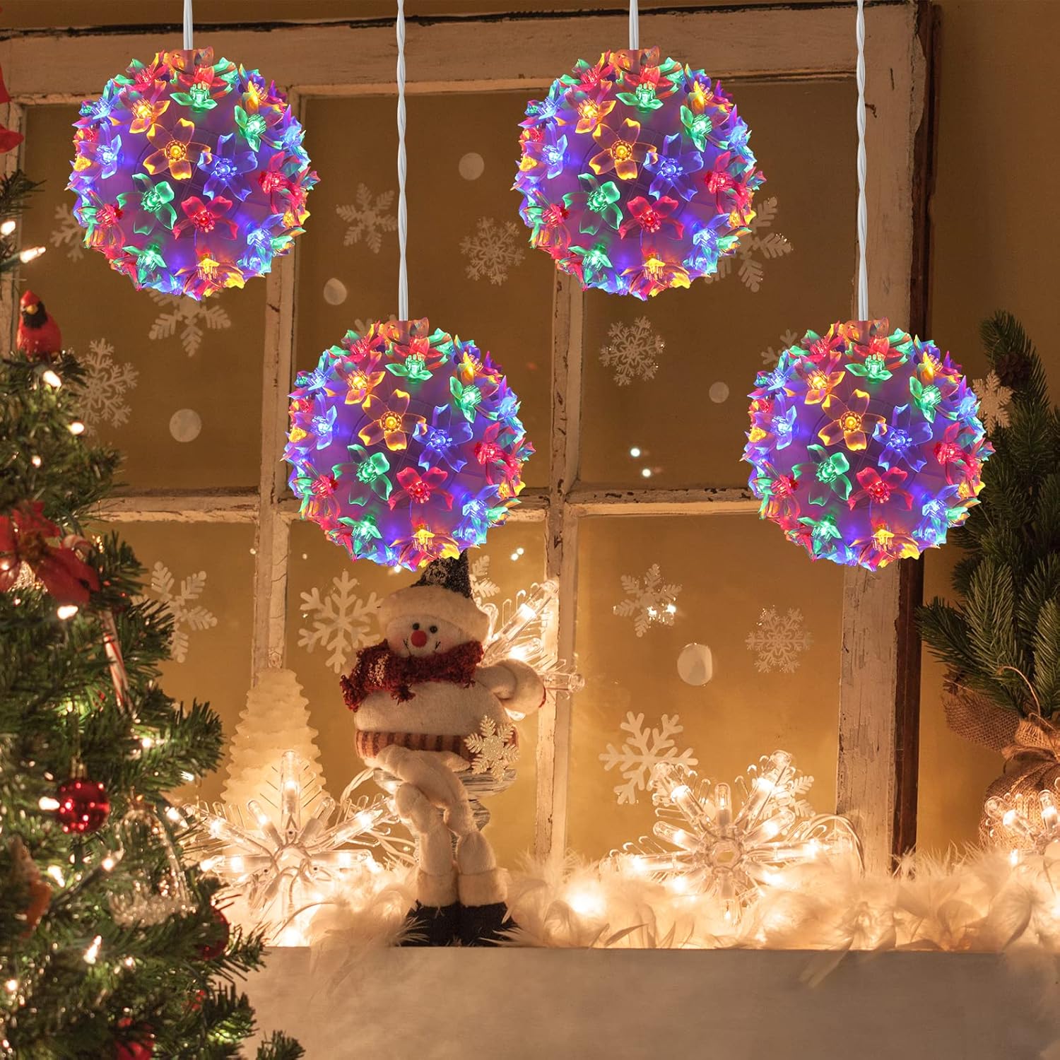 LAMPHOME 4.2" 50 LED X 4 PCS Sphere, Lighted Ball Hanging Ornamentwith 11-Functions, Multi-Color Holiday Decoration(4PK)