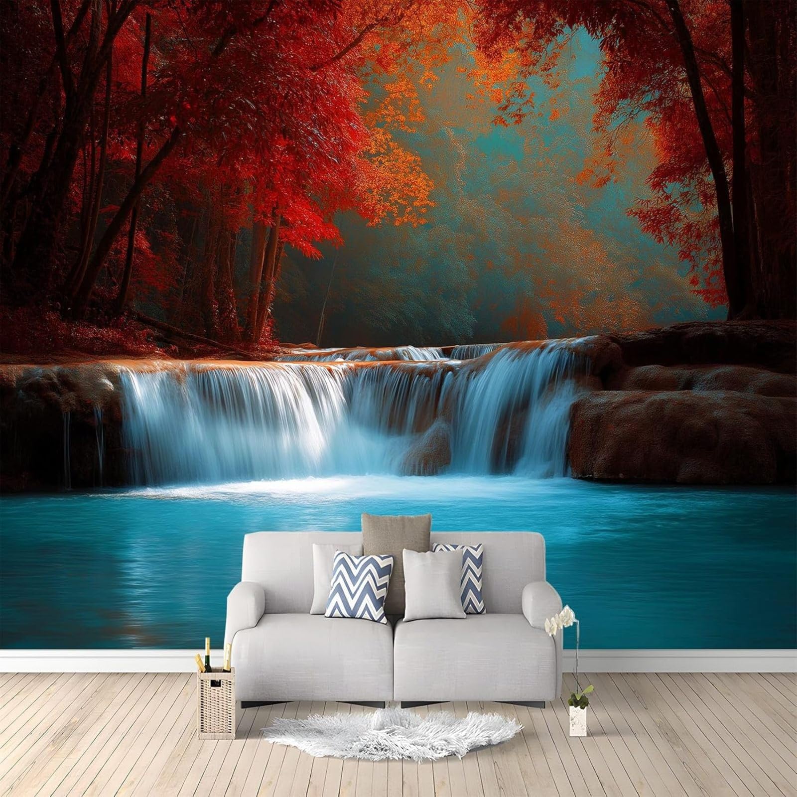Papier peint intissé cascade arbre forêt décoration murale salon motif paysage 3D