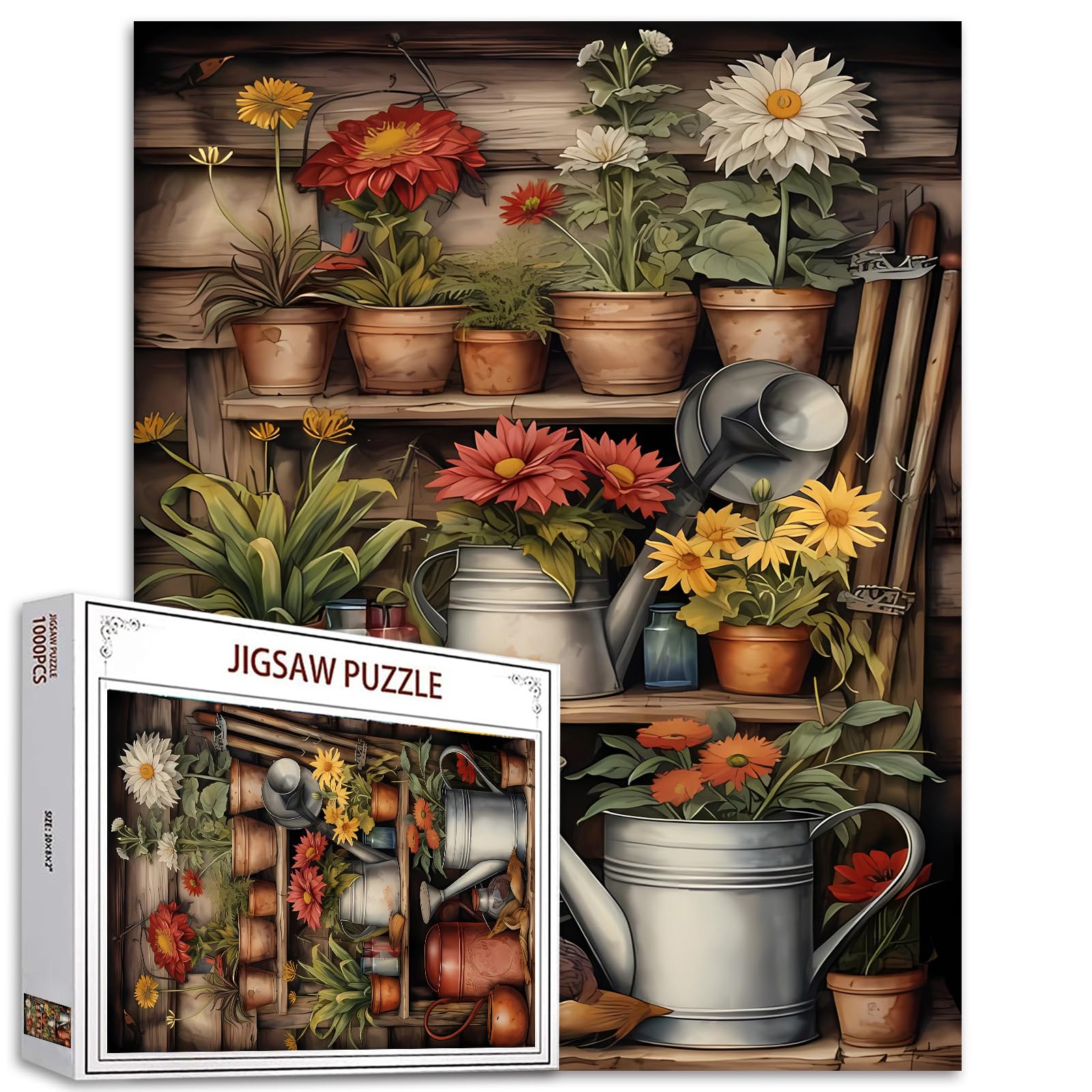 Tucocoo Flowers Plants Jigsaw Puzzle 1000 Pieces Puzzles for Adults, Potted Plant Rustic Vintage Artwork Jigsaw Puzzles for Challenging Family Activity Games Colorful DIY Puzzle for Home Decor Gifts