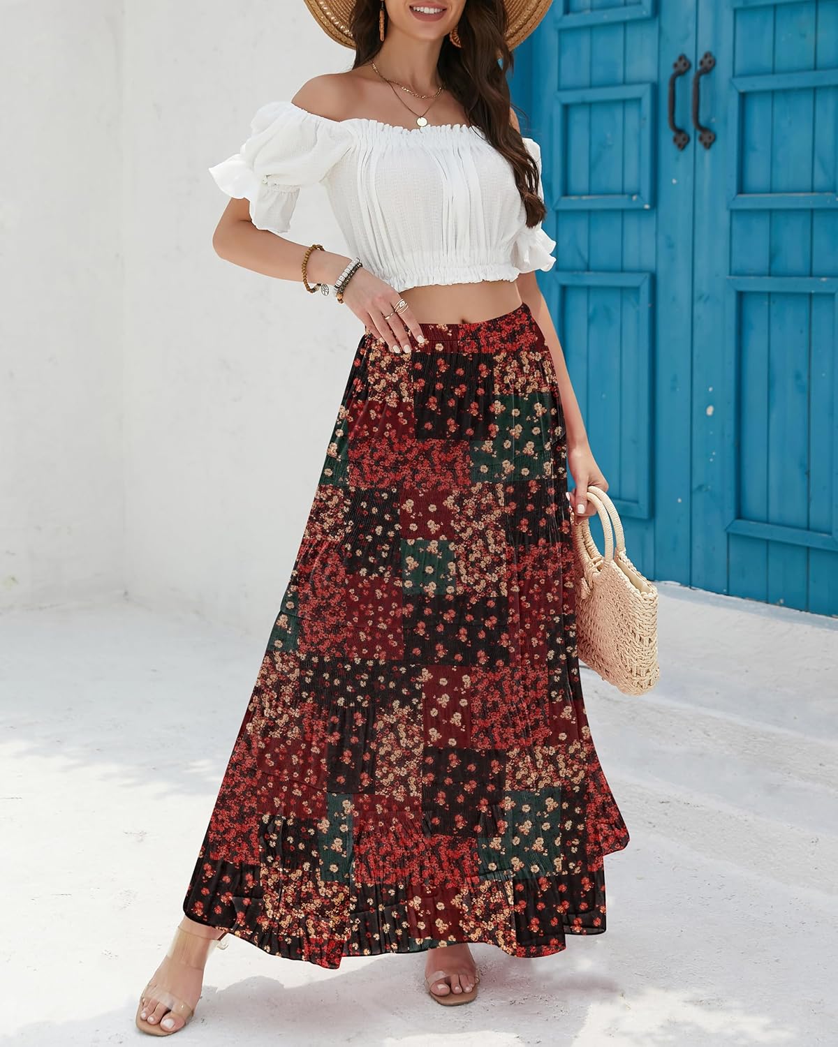 CYiNu Women's Chiffon Elastic High Waist Tiered Pleated Floral Printed A-Line Boho Long Maxi Skirts - Image 2