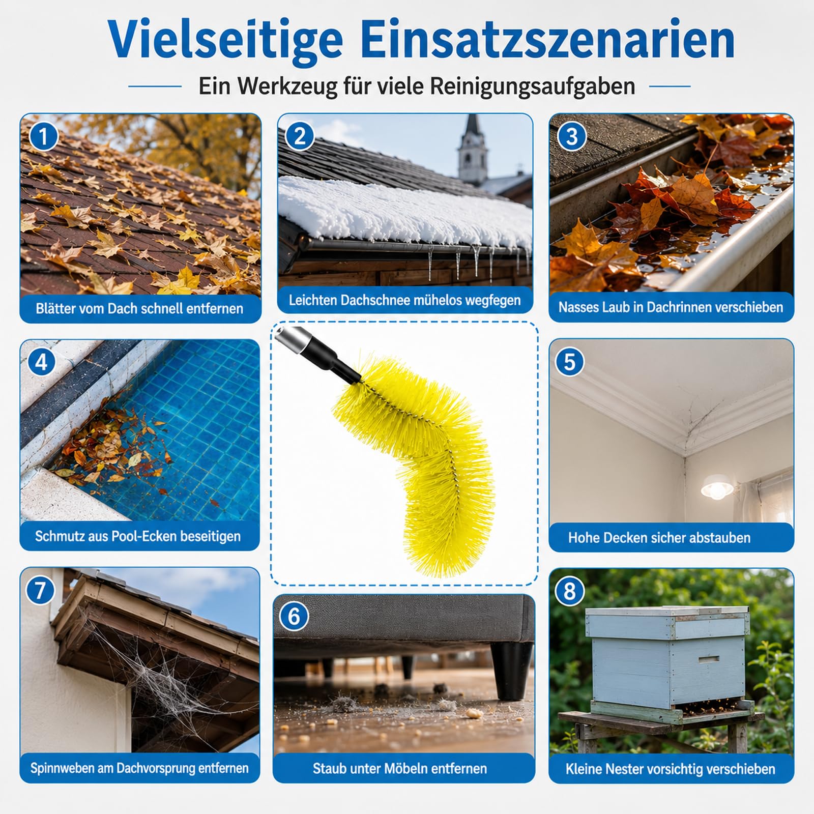 4M Dachrinnenreiniger - Teleskop Dachrinnenreiniger | Con cabezal giratorio de 180° y cepillo intercambiable, limpiador de canalones para limpiar canalones, jardines