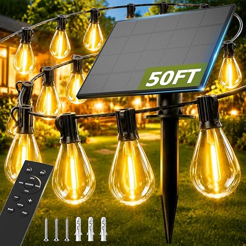 50FT Solar String Lights Outdoor, Dimmable Patio Lights with Remote & USB, Water