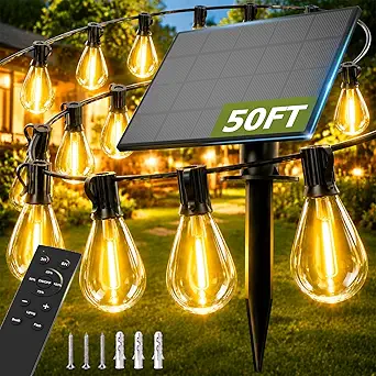 50FT Dimmable Solar String Lights with Remote & USB Port, 18+1 LED Shatterproof Bulbs for Outdoor Use
