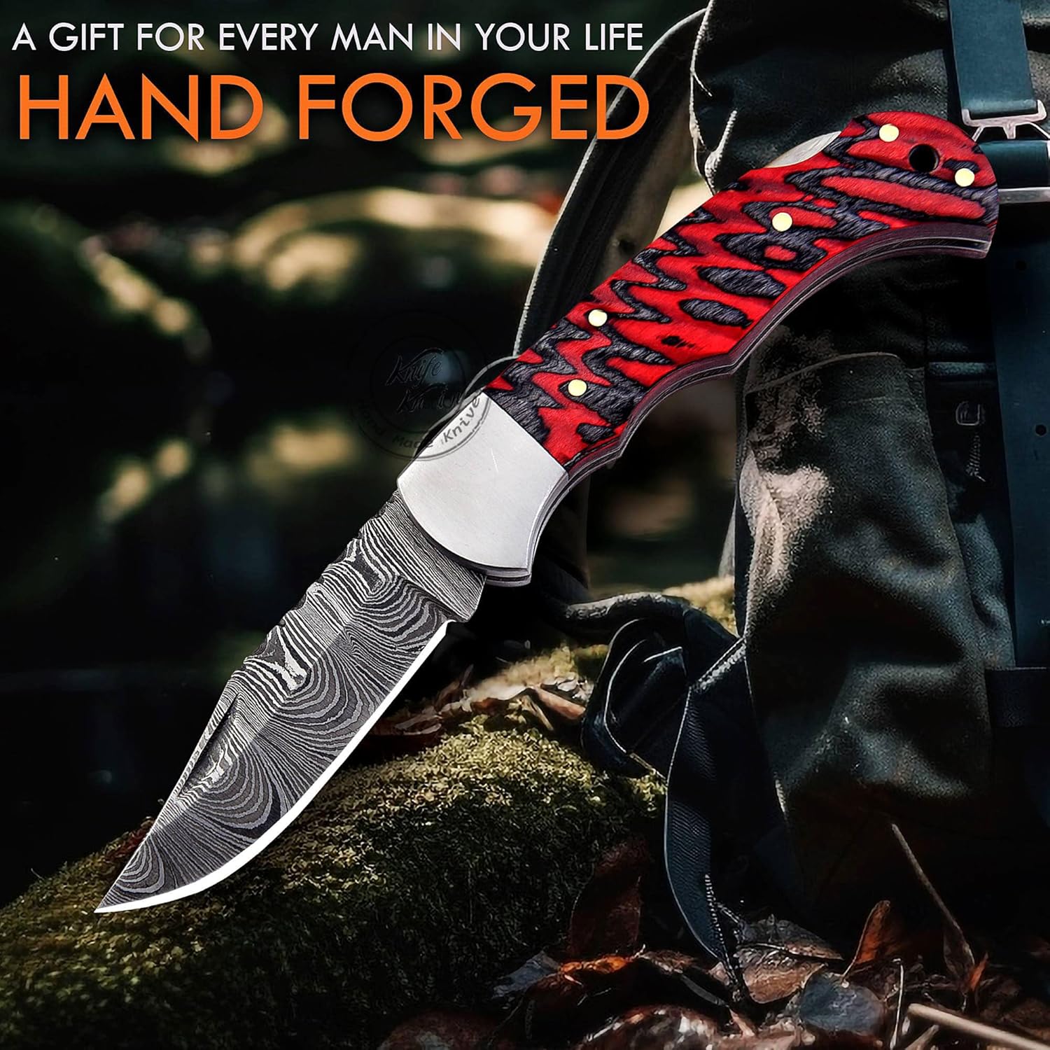 Orange & Black Grooved 6.75'' Handmade Damascus Steel Folding Pocket Knife with Back Lock for EDC, Camping, 100% Prime Quality, KKH-63