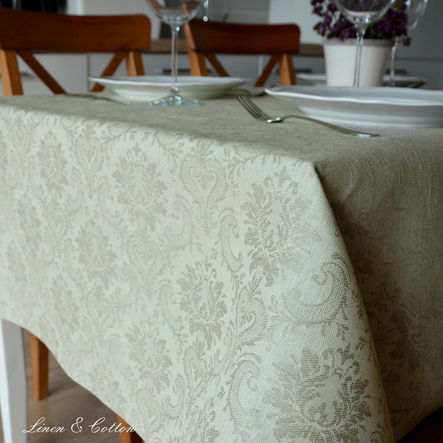 Linen & Cotton Jacquard Damasco Mantel de Tela Waverly - 52% Lino, 48% Algodón, Beige Natural (147 x 350 cm) Grande Large para el Hogar Cocina Gastronomía Boda Cumpleaños Comunion Celebración