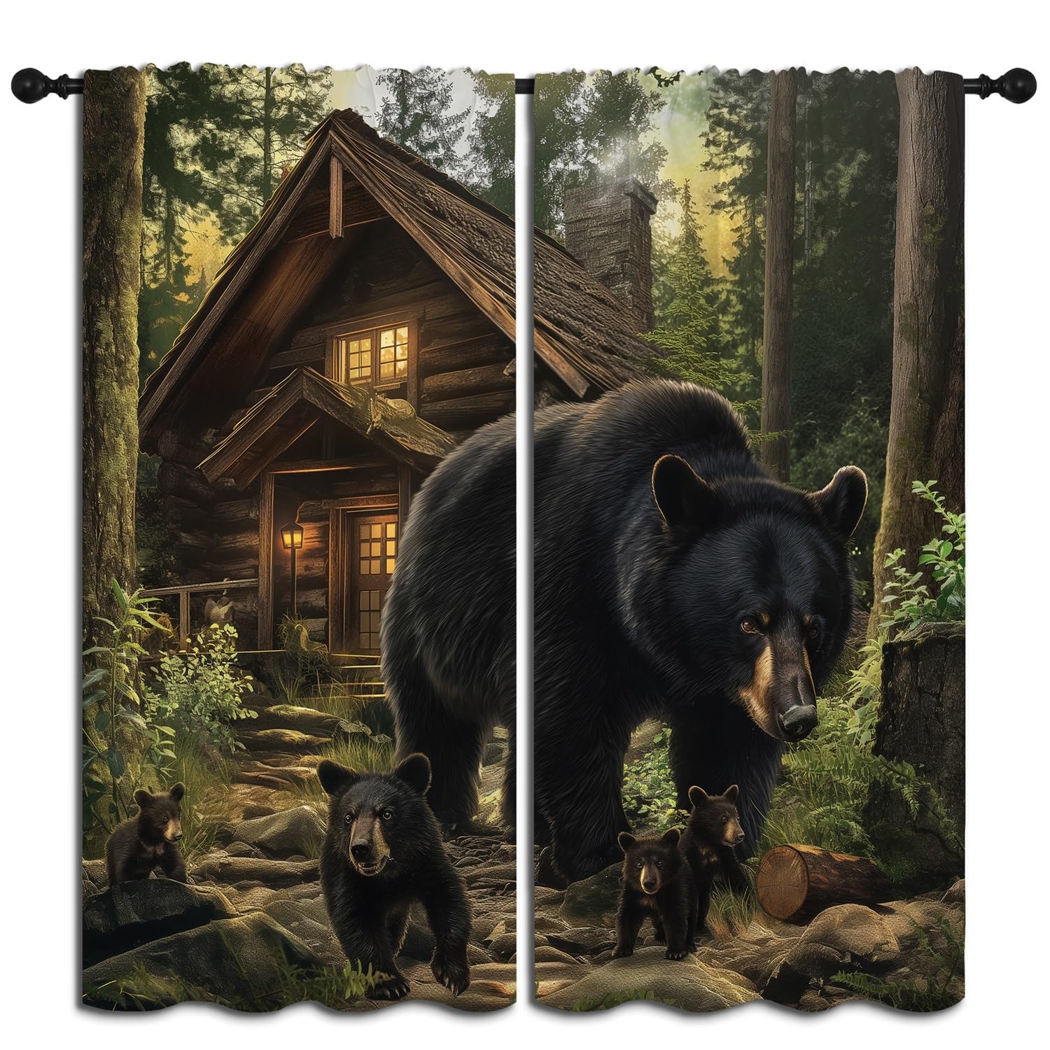 BAIGEZHU Black Bear Boy Girls Blackout Curtains,Funny Rustic Cabin Forest Wildlife Animal Woodland, 2 Panel Rod Pocket Thermal Insulated Drapes for