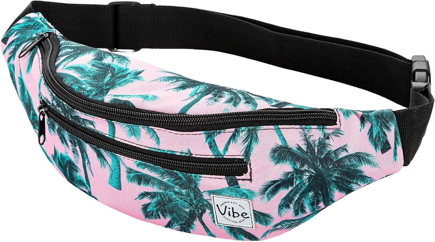 Vibe Festival Gear Fanny Pack for Men Women - Many Prints - Black Holographic Silver Gold Cute Waist Bag for Festival Rave Hiking Running Cycling Palm Leaves Pink Tropical