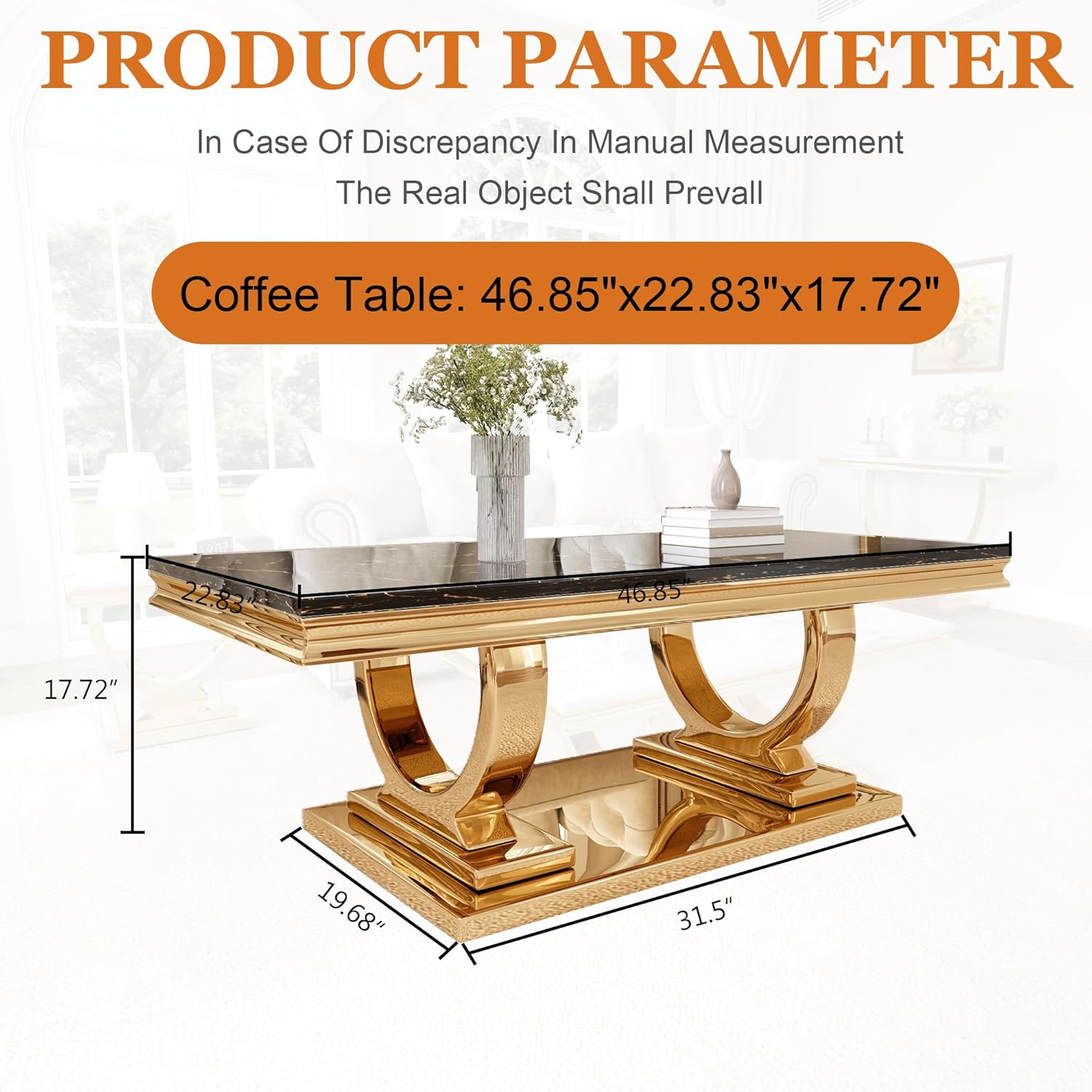 Luxury Marble Coffee Table, 47" Rectangle Coffee Table with Faux Marble Tabletop & Gold Stainless Steel Base, Modern Center Table for Living Room, Office