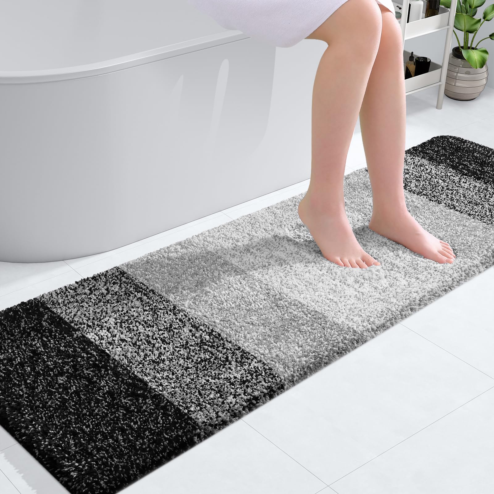 OLANLY Bathroom Runner Rug 59x17, Extra Soft Absorbent Microfiber Bath Rugs | Black, Non-Slip Quick-Drying Rubber Backing, Machine Washable Long Bath Mat for Floor, Tub and Shower, Home Decor Accessories