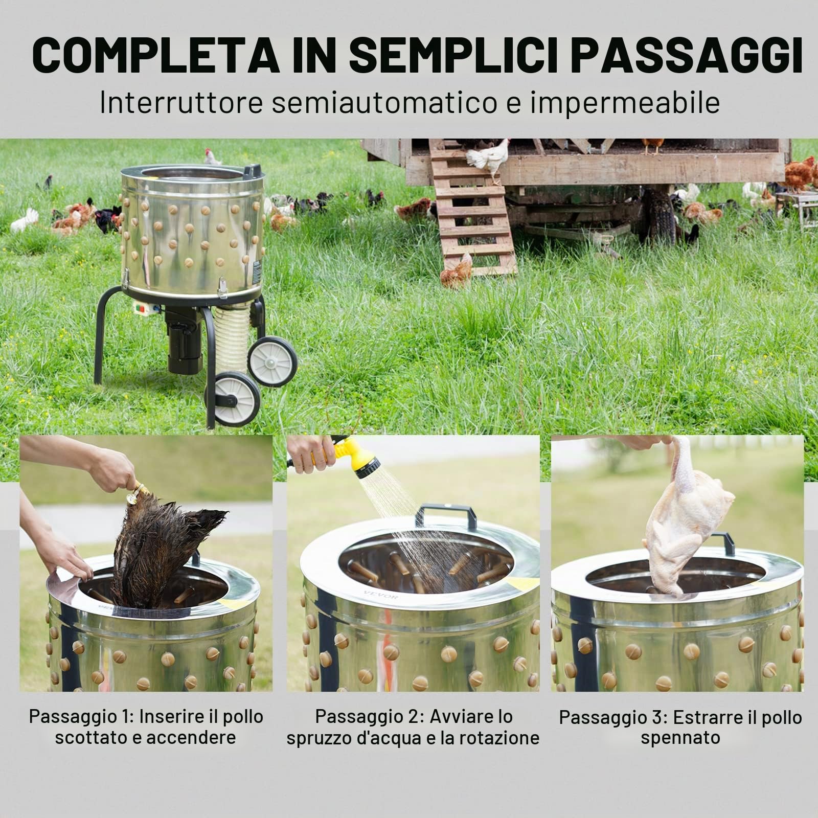 VEVOR Spiumatrice per Polli 500W, Spiumatrice per Polli con Tamburo in Acciaio Inossidabile 501x393mm, Attrezzatura per Pelare con 108 Dita Morbide, Spiumatrice per Pollame