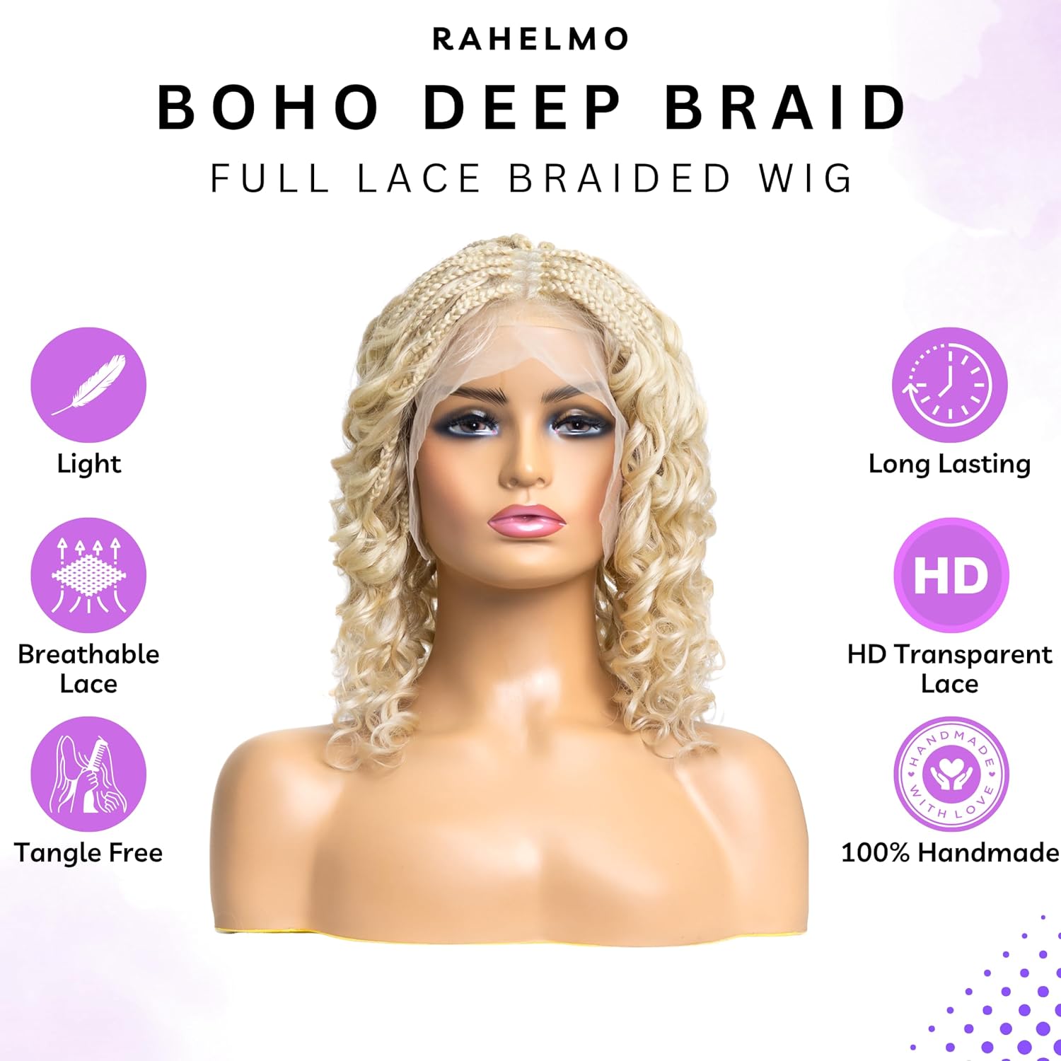 Boho Deep Braided Wig - Synthetic Knotless Braided Wigs for Black Women - Full Lace 360 Wig with Natural Baby Hair (#613 Platinum Blonde, 12")