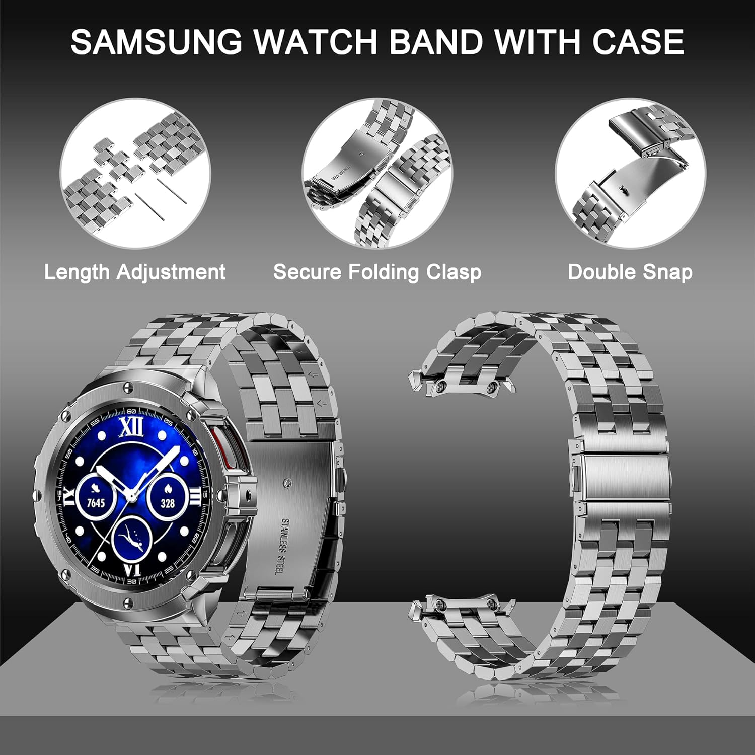 HASLFM Stainless Steel Case and Bands Compatible with Samsung Galaxy Watch 5 pro 45mm, Adjustable Metal Band Rugged Protector Cover for Samsung Watch 5 pro Band Men Business (Grey)