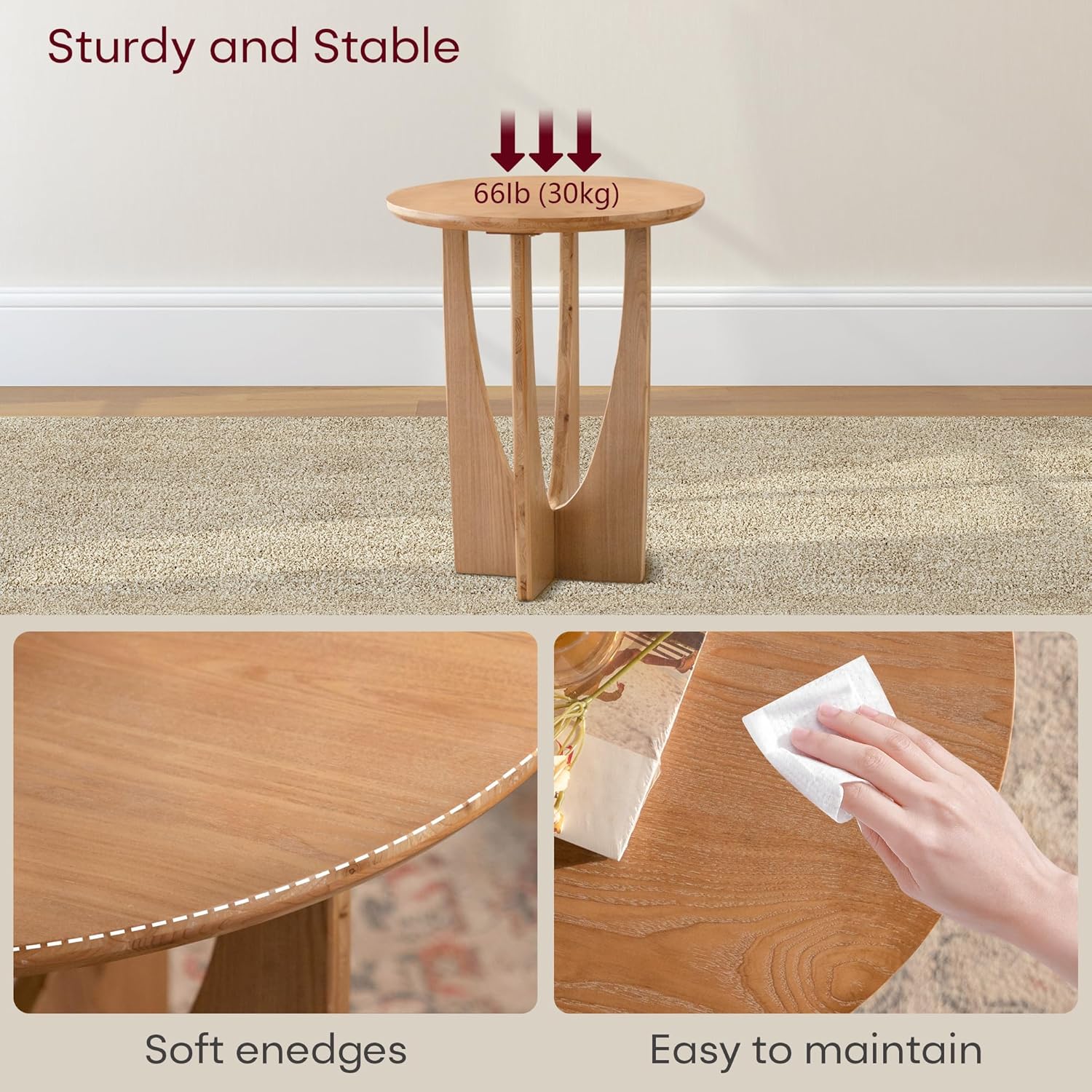 Wood Side Table, Modern Round End Table with Curved Leg, Mid-Century 24.80" Bedside Table for Living Room Bedroom Office