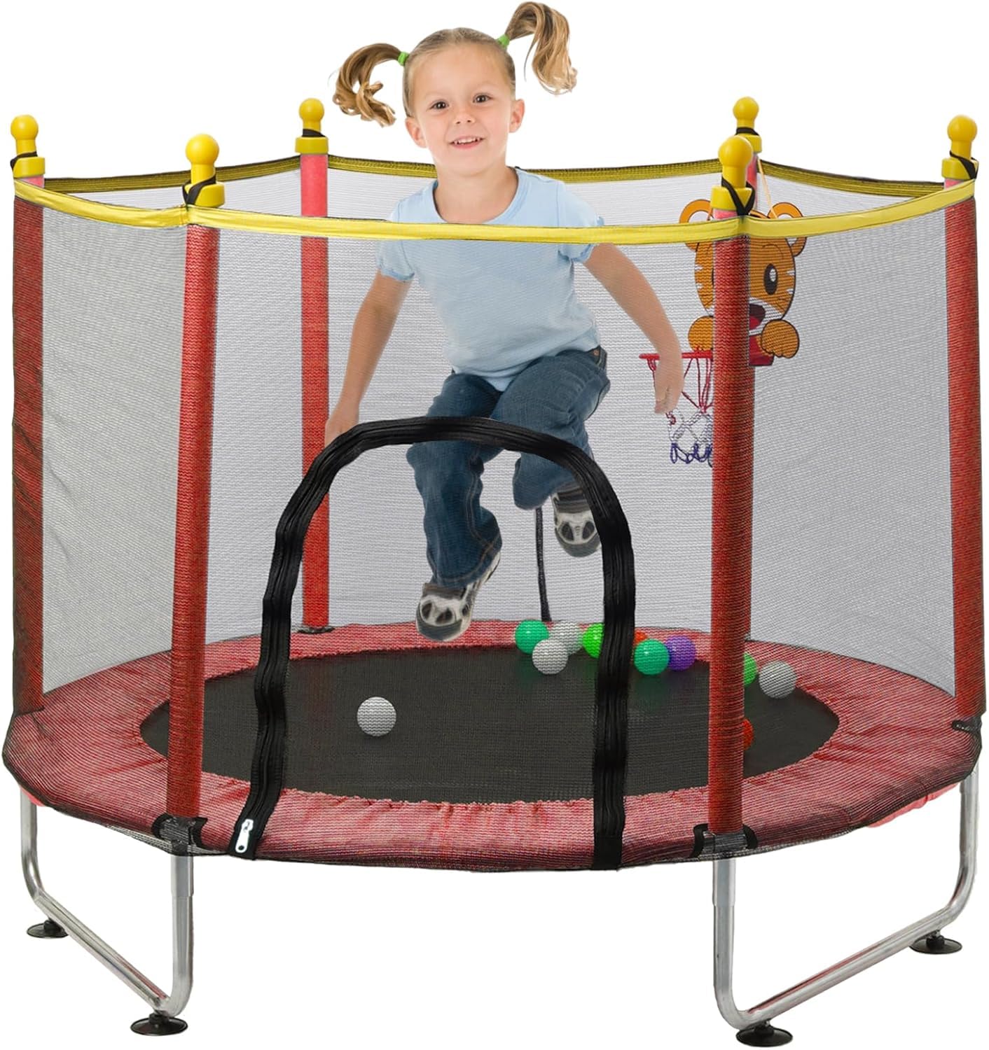 Dziecięca trampolina 140 cm, Trampolim Criança na zewnątrz z siatką bezpieczeństwa, wewnętrzne elastyczne łóżka z koszem do koszykówki, trampoliny dla dzieci 2 3 lata