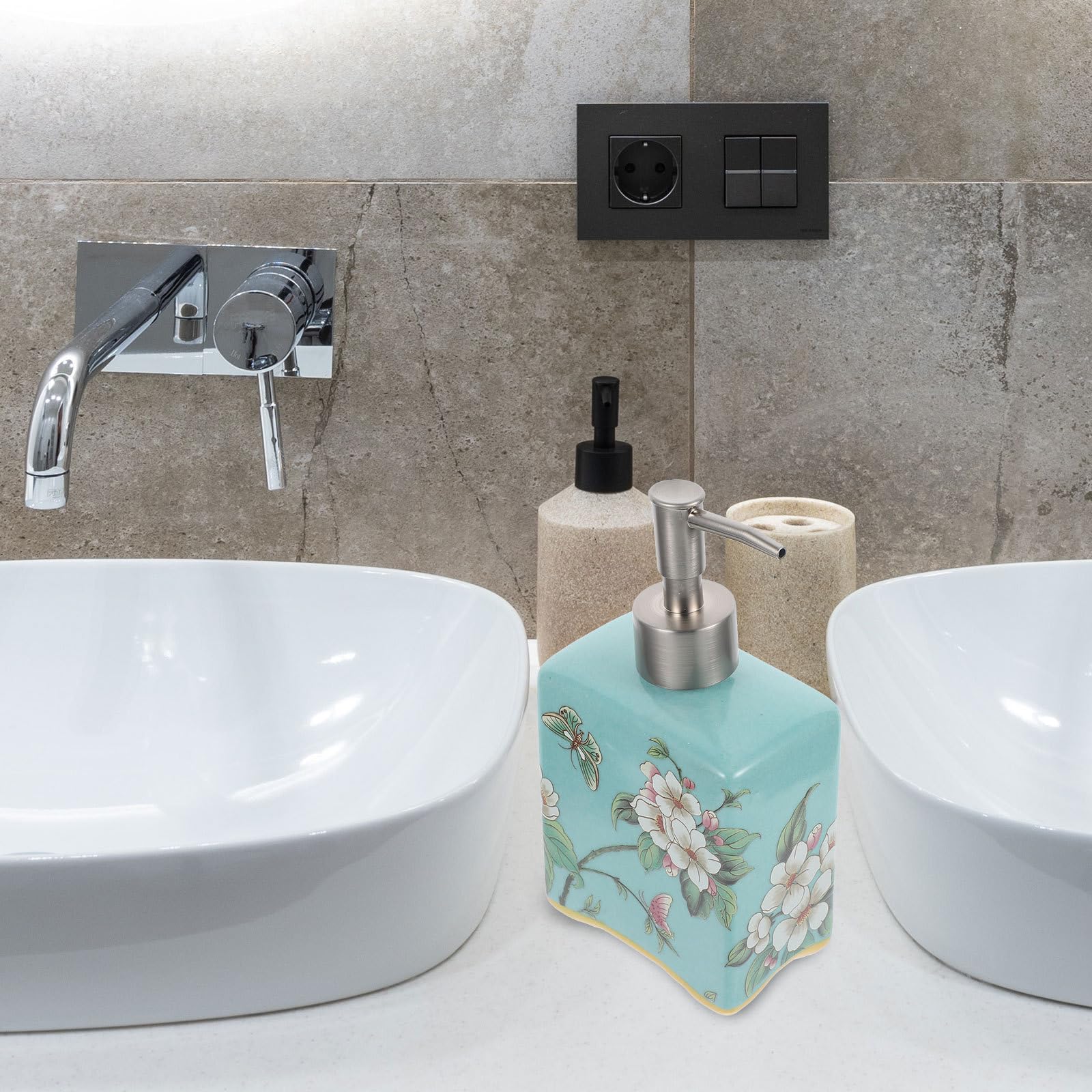 Healvian Dispenser di Sapone Liquido Ricaricabile in Ceramica da 410ml con Pompa in Acciaio Inossidabile per Cucina e Uso in Hotel, Elegante e Funzionale