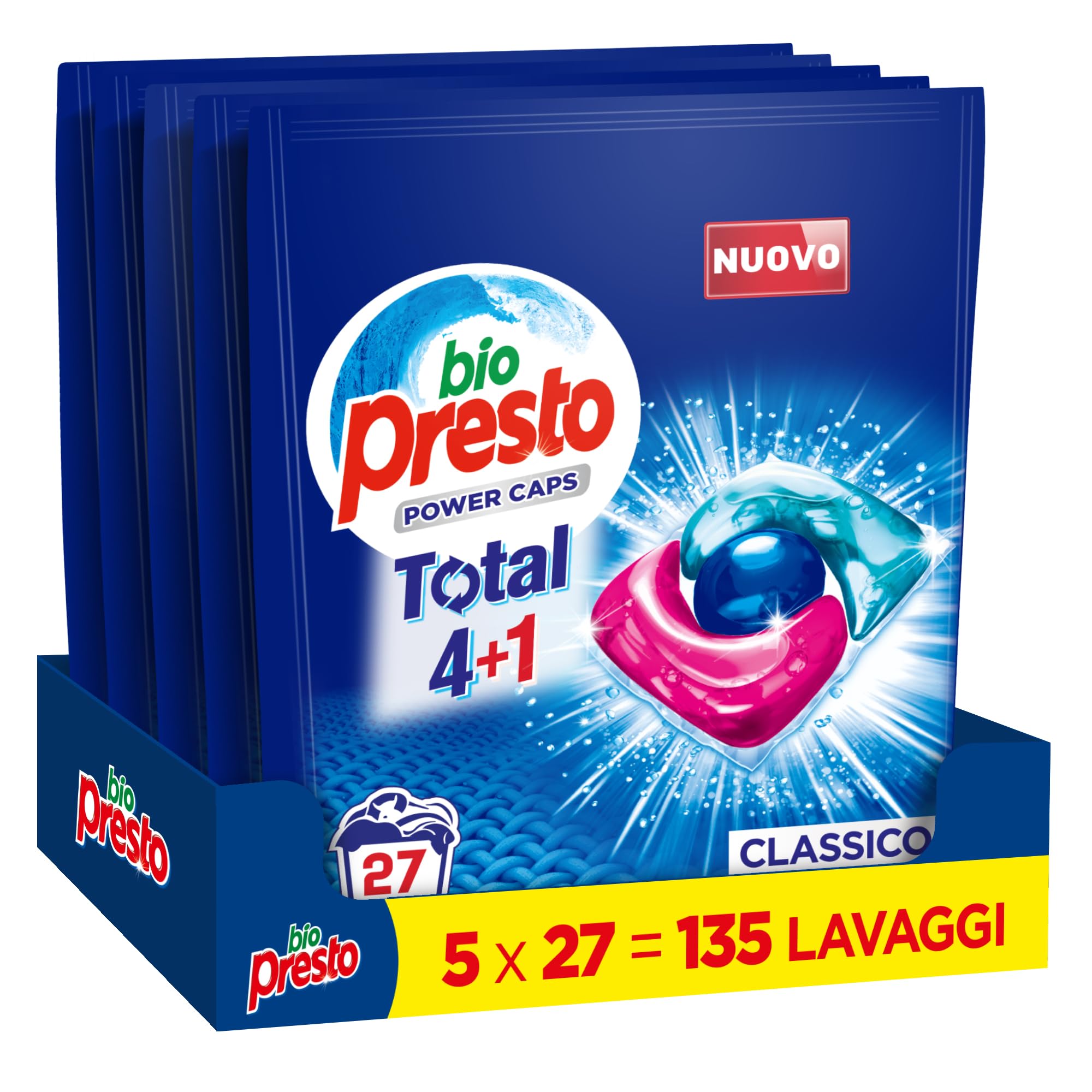 Bio Presto Power Caps Classic - Detergente para lavadora predosificado en cápsulas, paquete de 135 lavados