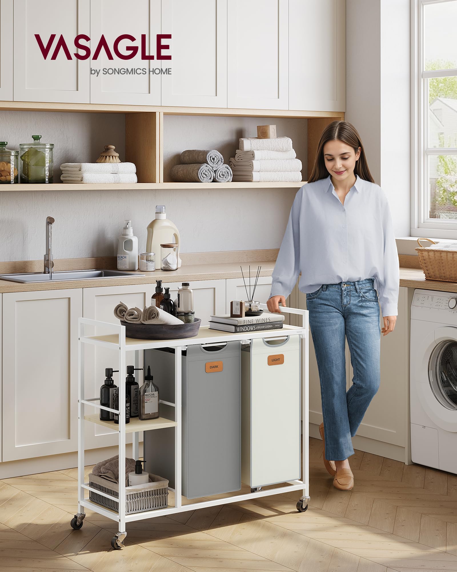 VASAGLE Cesto Portabiancheria a 2 Scomparti, 100 L, Sacchi Rimovibili | Carrello per Biancheria, con Ripiani, 6 Etichette, Beige Naturale, Grigio Tortora, Bianco Crema, Collezione STEVIE BLH311G01